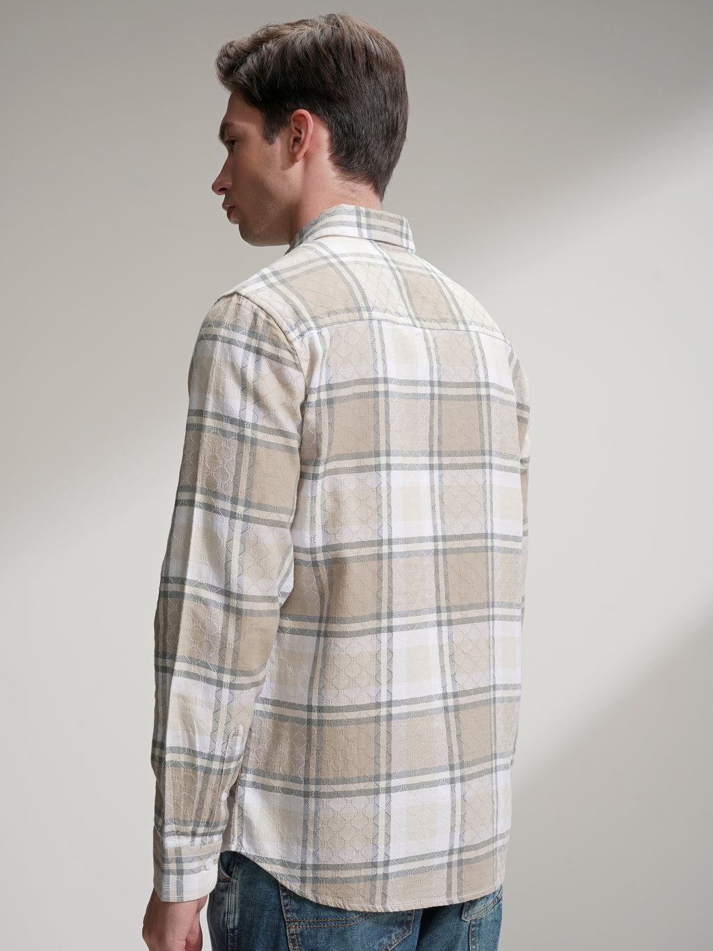 Highlander Men Beige Checked Slim Fit Casual Shirt - Beige - Image 3