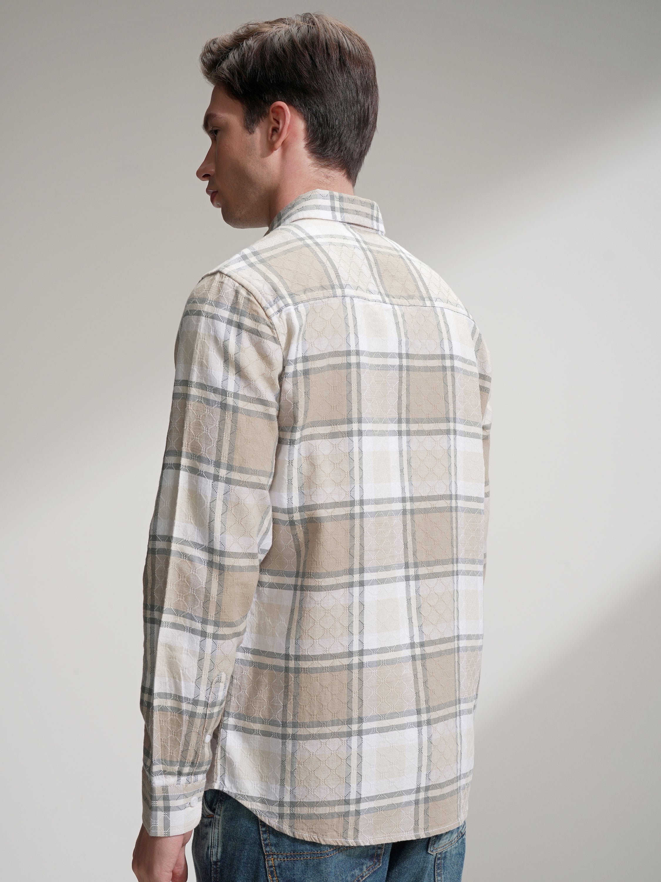 Highlander Men Beige Checked Slim Fit Casual Shirt - Beige - Image 3