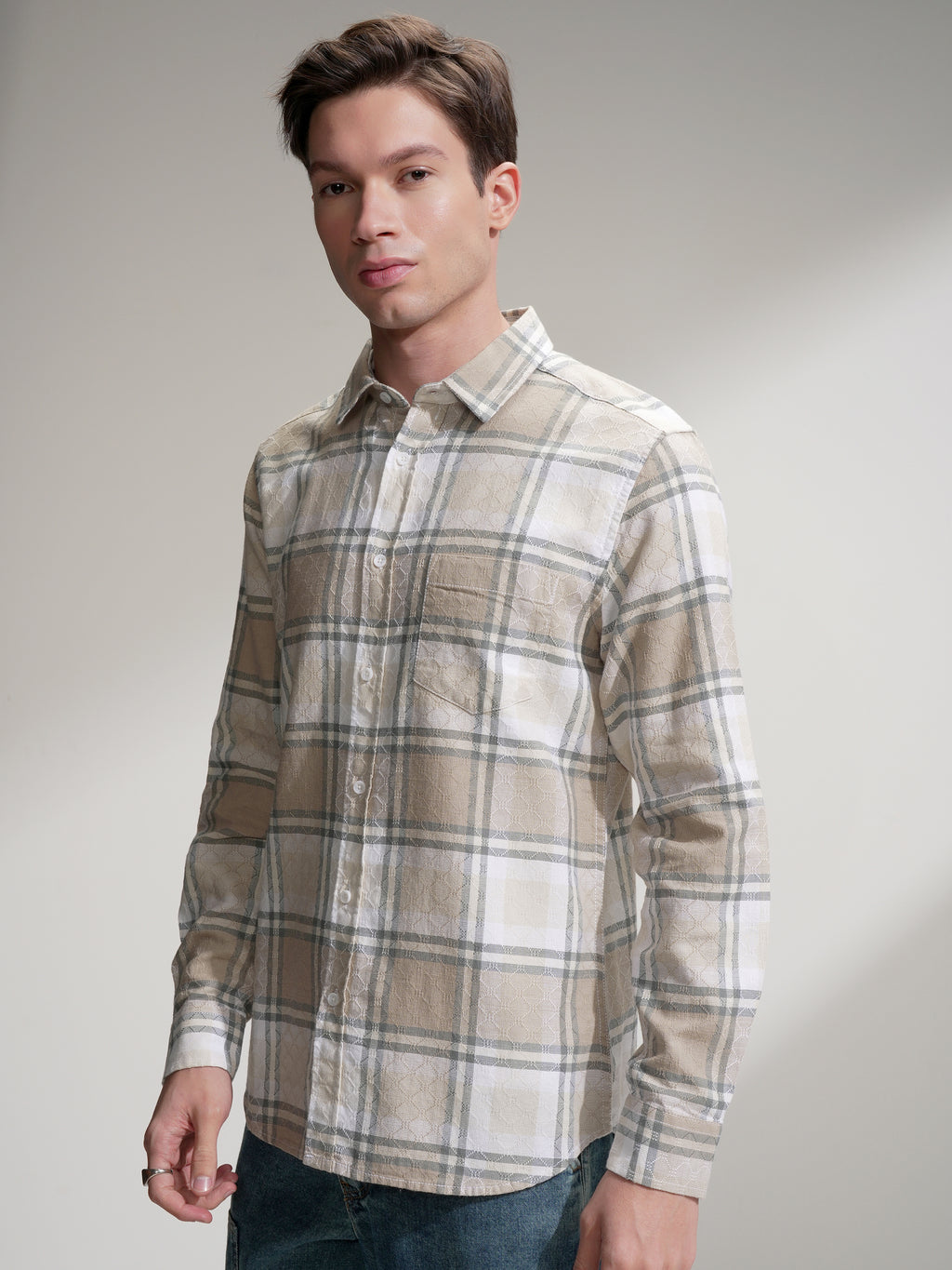 Highlander Men Beige Checked Slim Fit Casual Shirt - Beige - Image 4