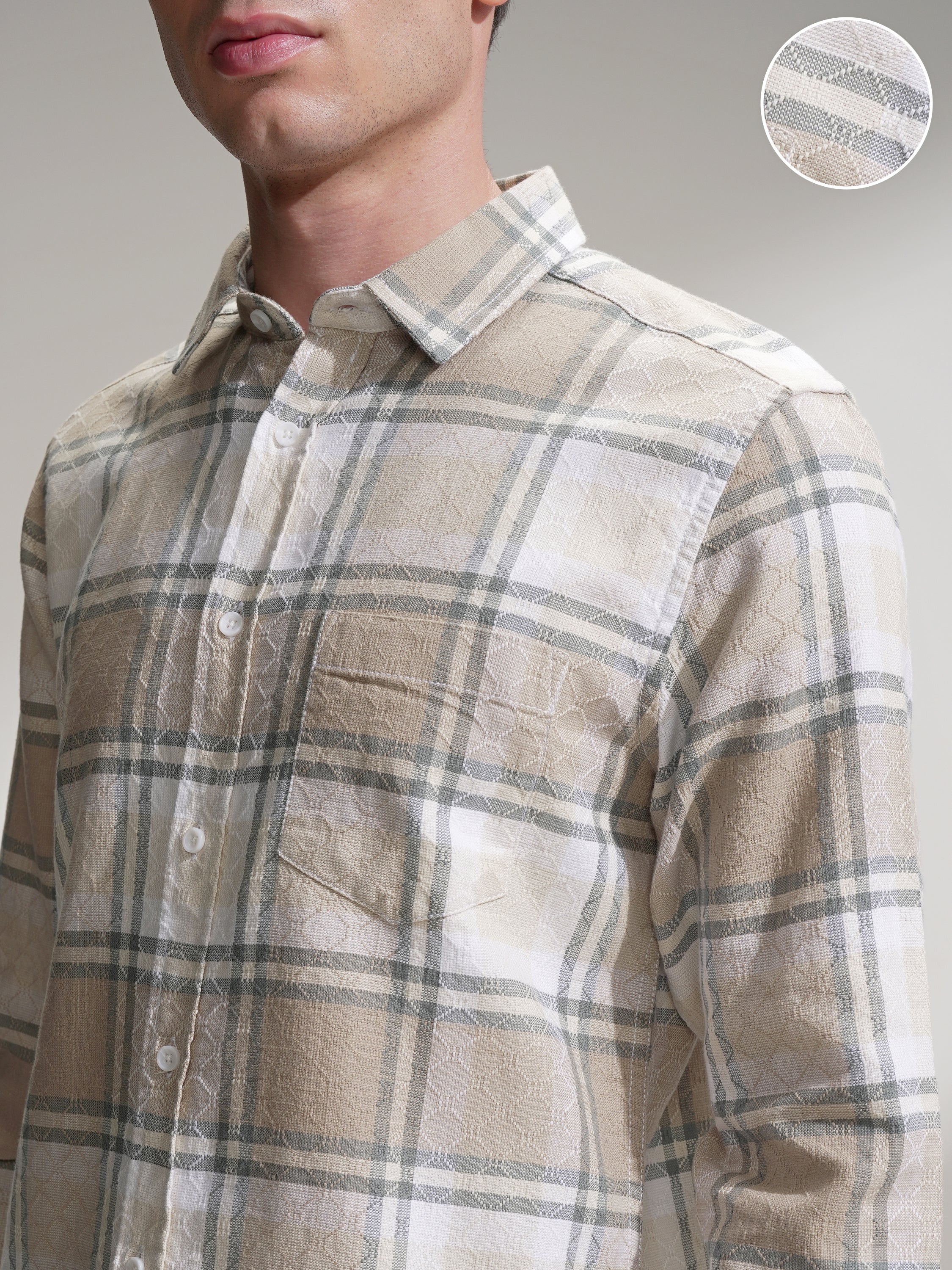 Highlander Men Beige Checked Slim Fit Casual Shirt - Beige - Image 5