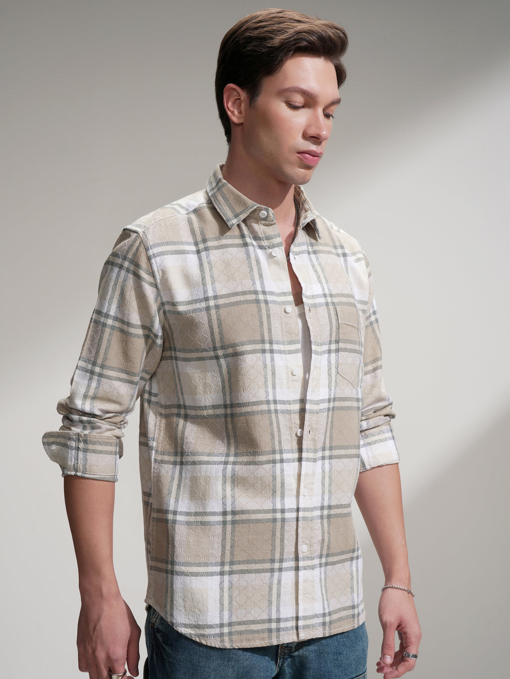 Highlander Men Beige Checked Slim Fit Casual Shirt - Beige - Image 6