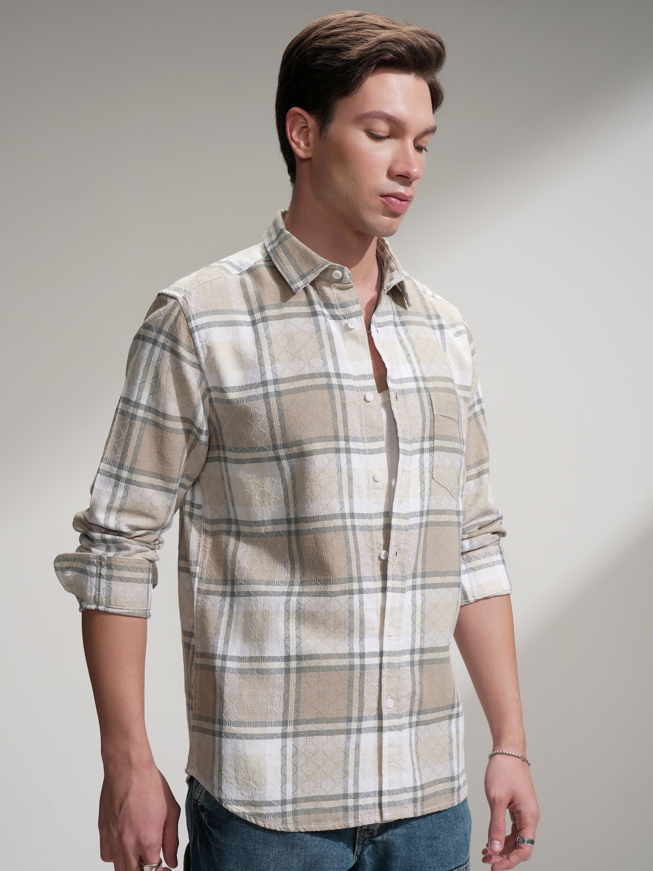 Highlander Men Beige Checked Slim Fit Casual Shirt - Beige - Image 6
