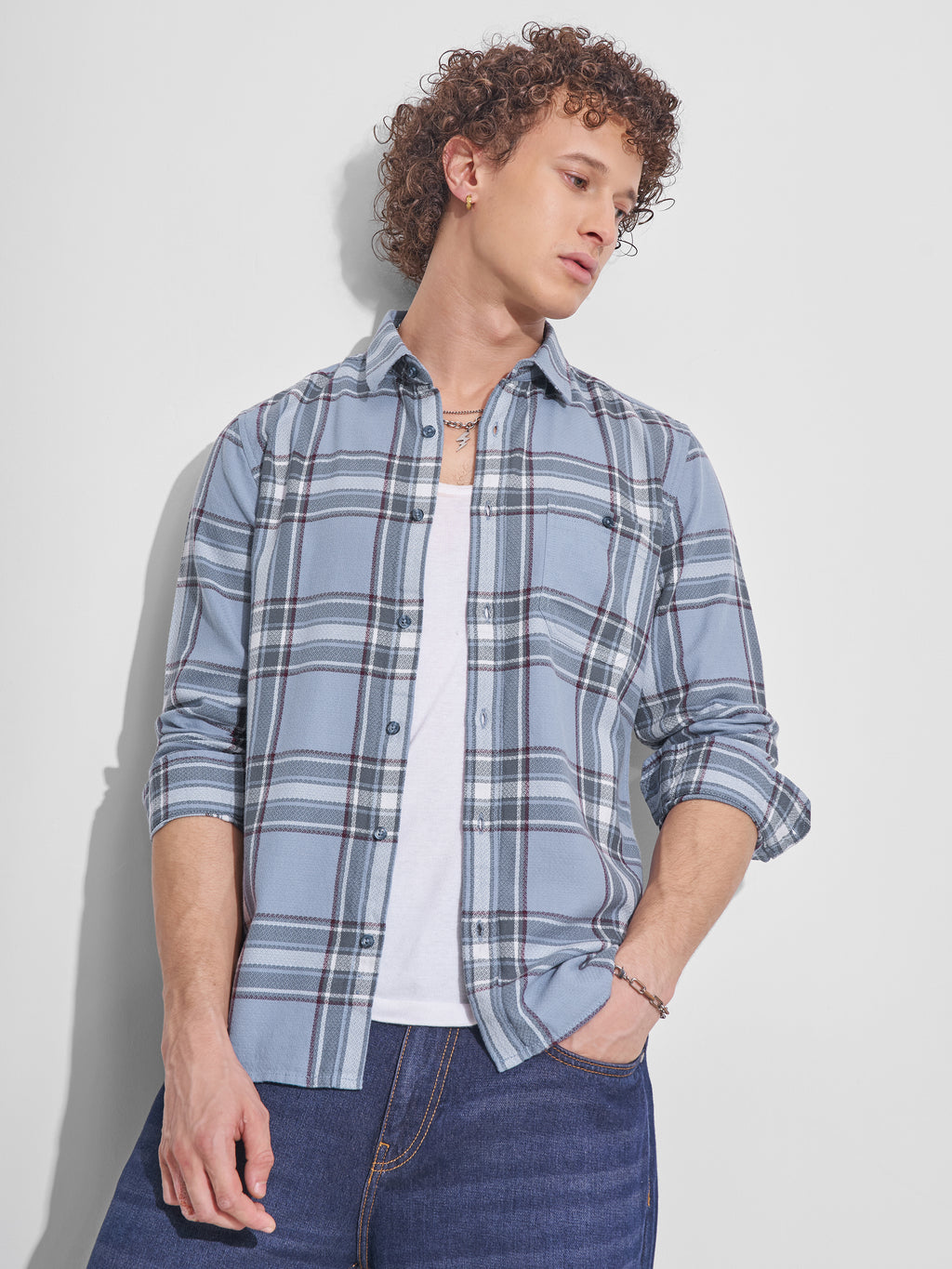 Highlander Men Blue Checked Slim Fit Casual Shirt - Blue - Image 1
