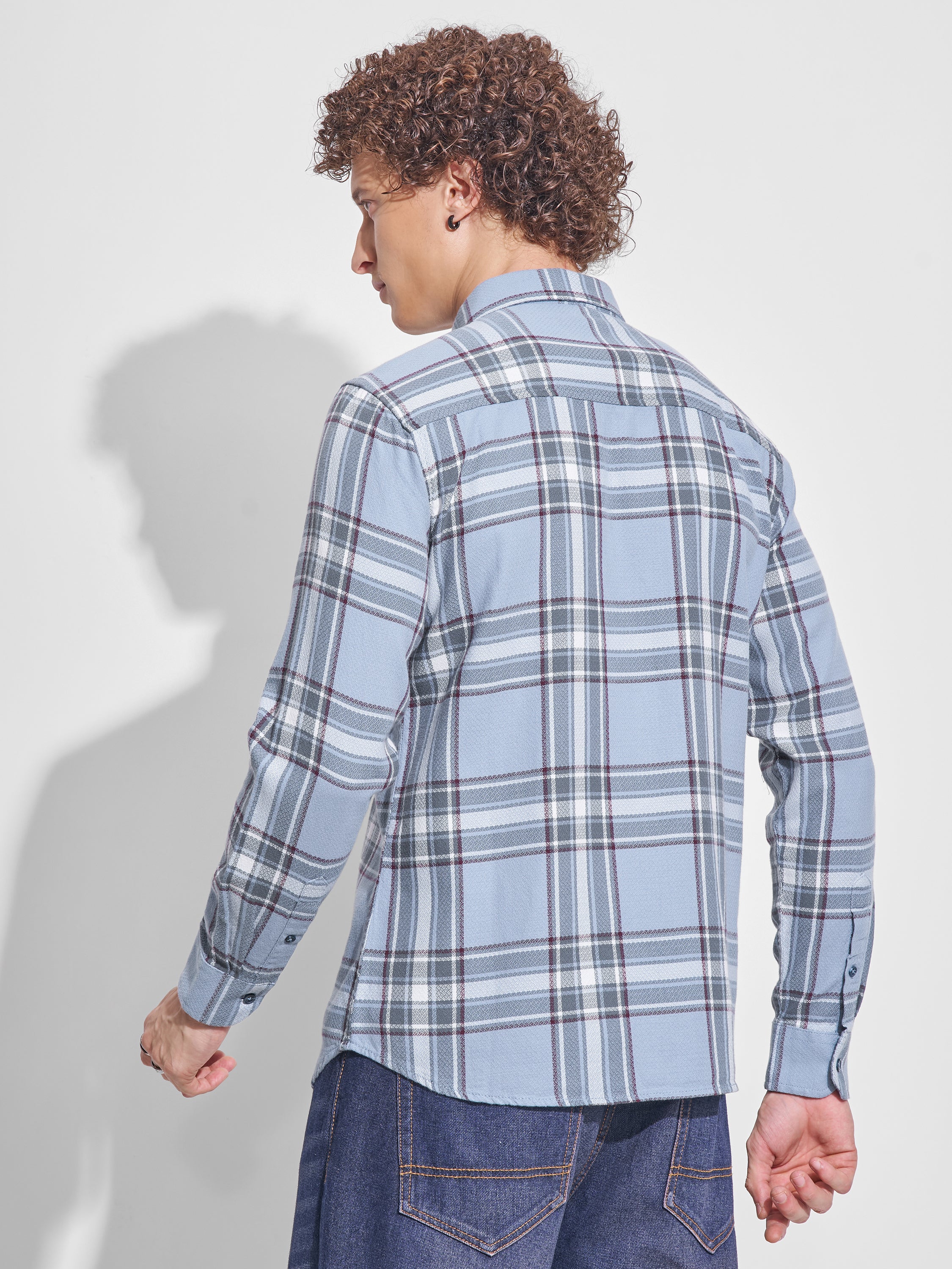 Highlander Men Blue Checked Slim Fit Casual Shirt - Blue - Image 3