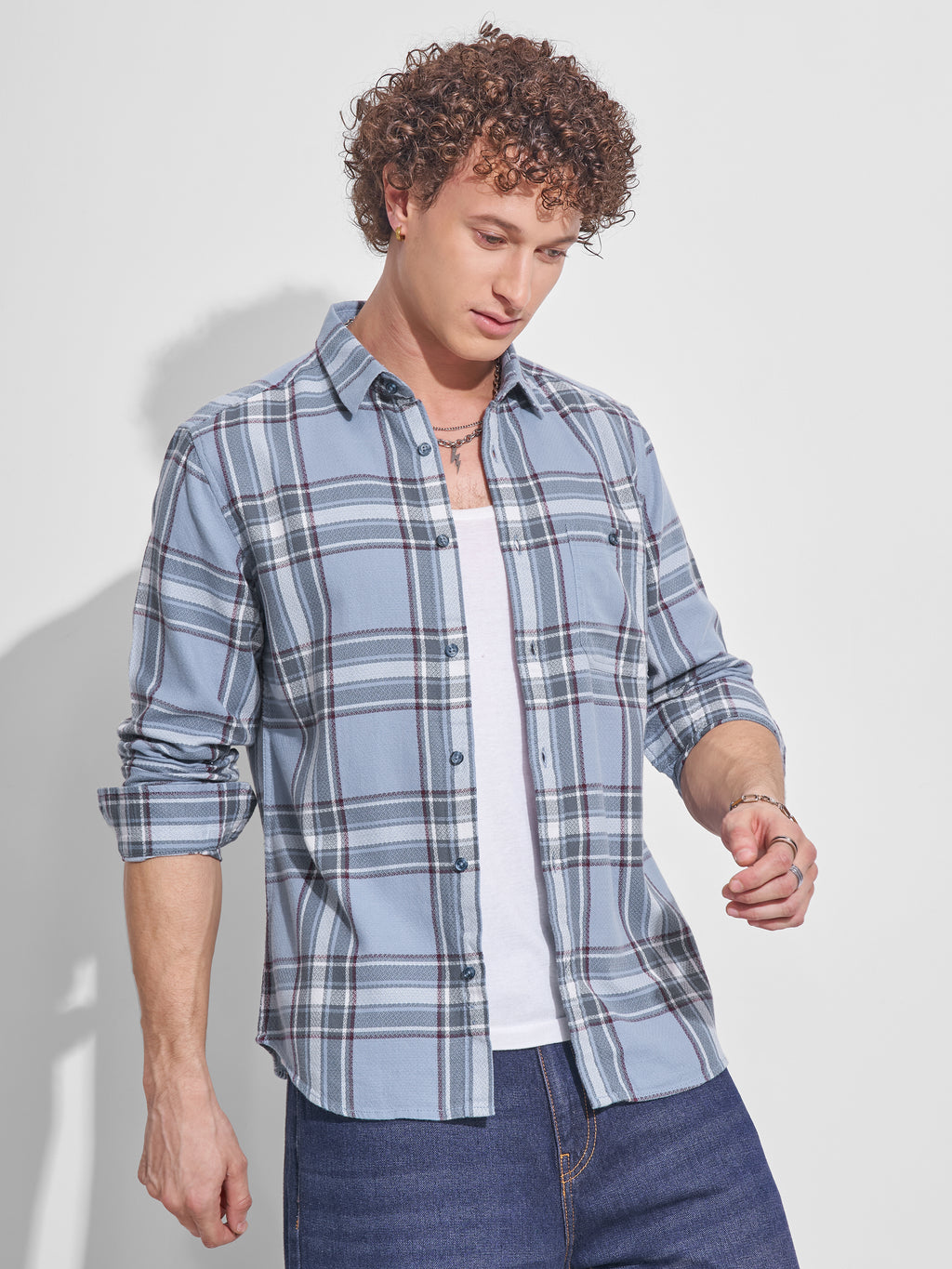 Highlander Men Blue Checked Slim Fit Casual Shirt - Blue - Image 6