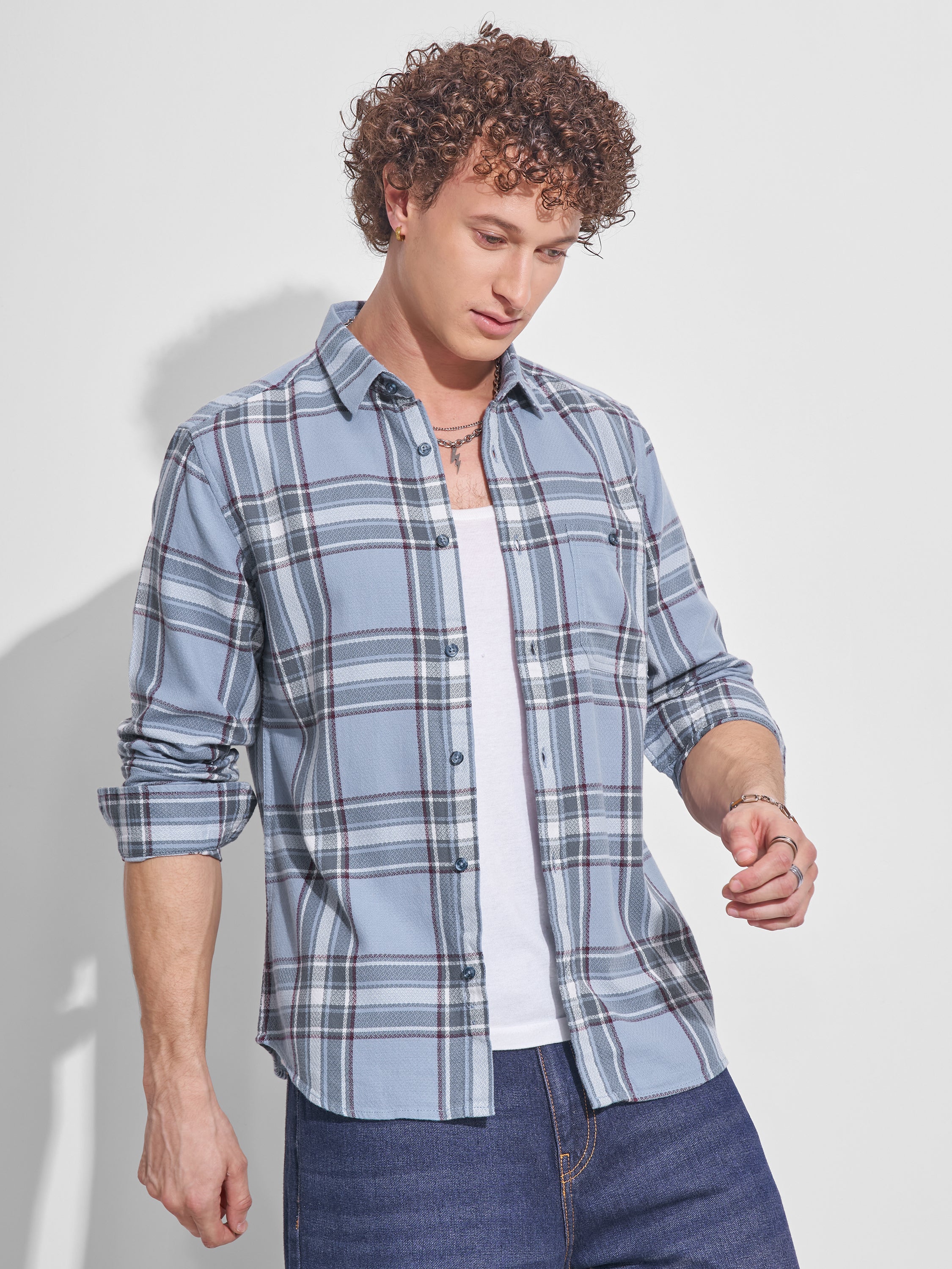 Highlander Men Blue Checked Slim Fit Casual Shirt - Blue - Image 6