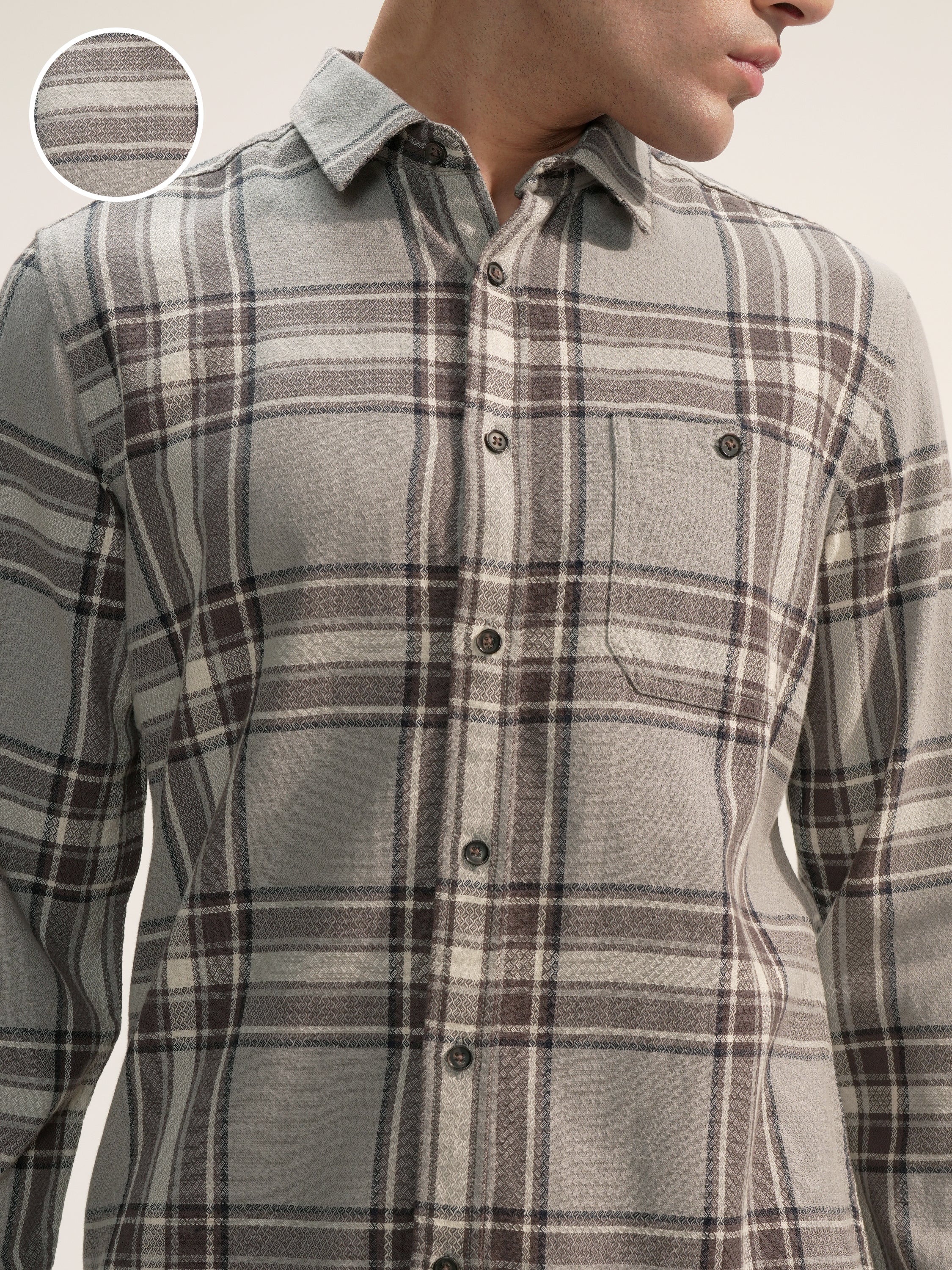 Highlander Men Grey Checked Slim Fit Casual Shirt - Grey - Image 5