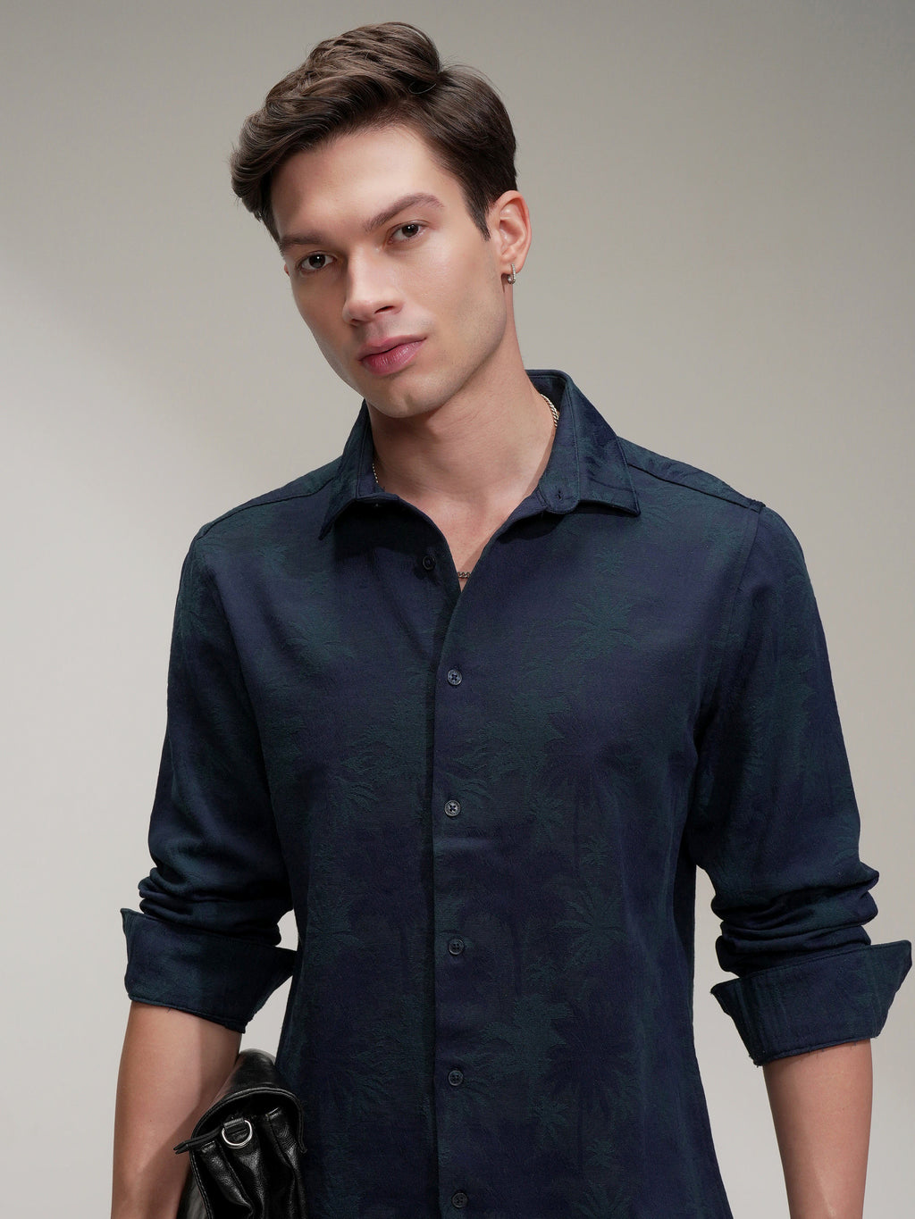 Highlander Men Navy Blue Self Design Slim Fit Casual Shirt - Navy Blue - Image 1