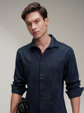 Highlander Men Navy Blue Self Design Slim Fit Casual Shirt - Navy Blue - Image 1