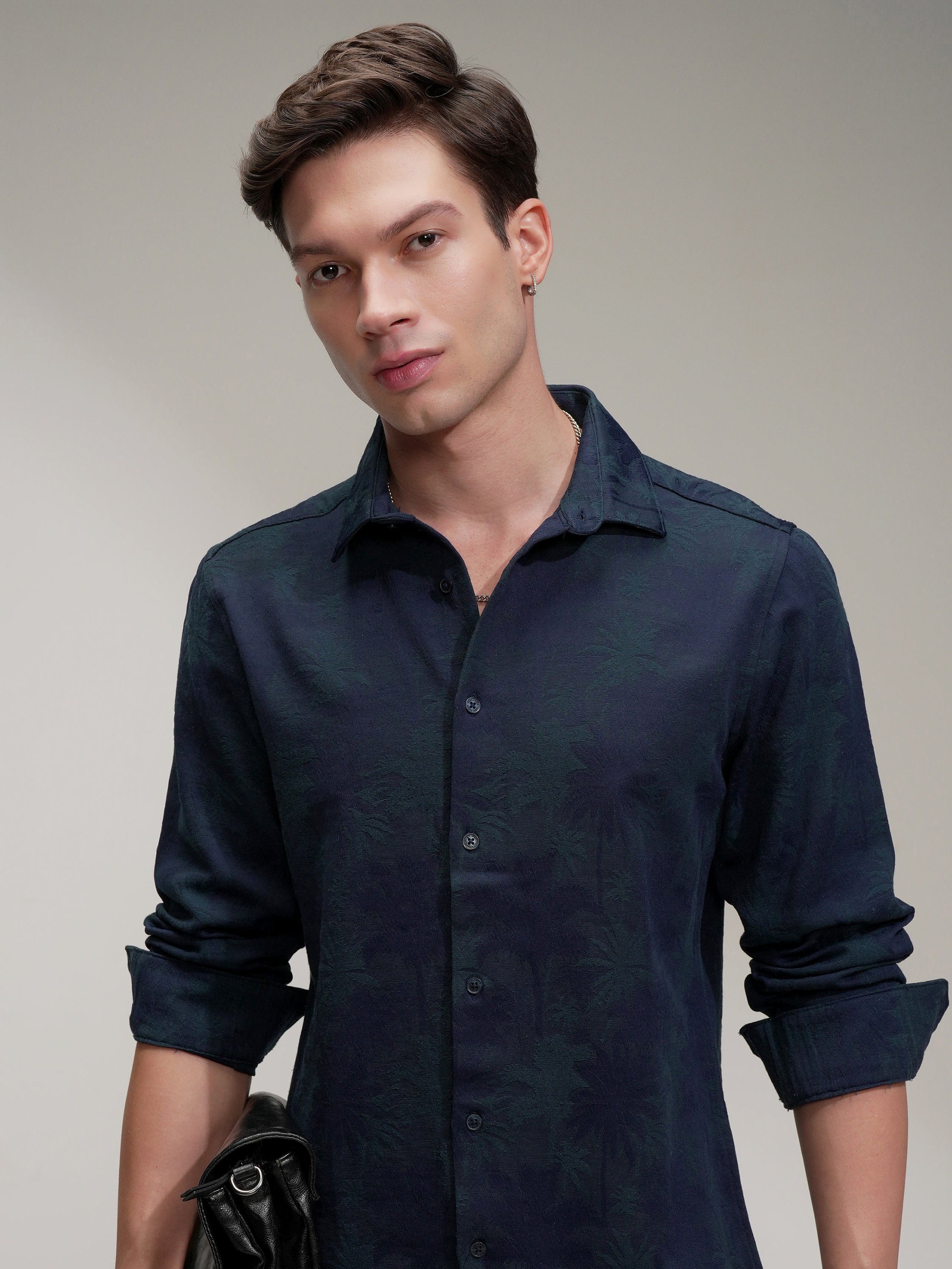 Highlander Men Navy Blue Self Design Slim Fit Casual Shirt - Navy Blue - Image 1