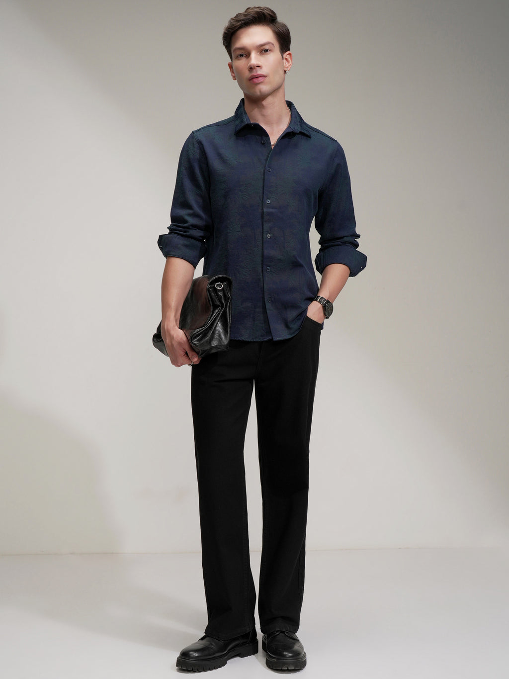 Highlander Men Navy Blue Self Design Slim Fit Casual Shirt - Navy Blue - Image 2