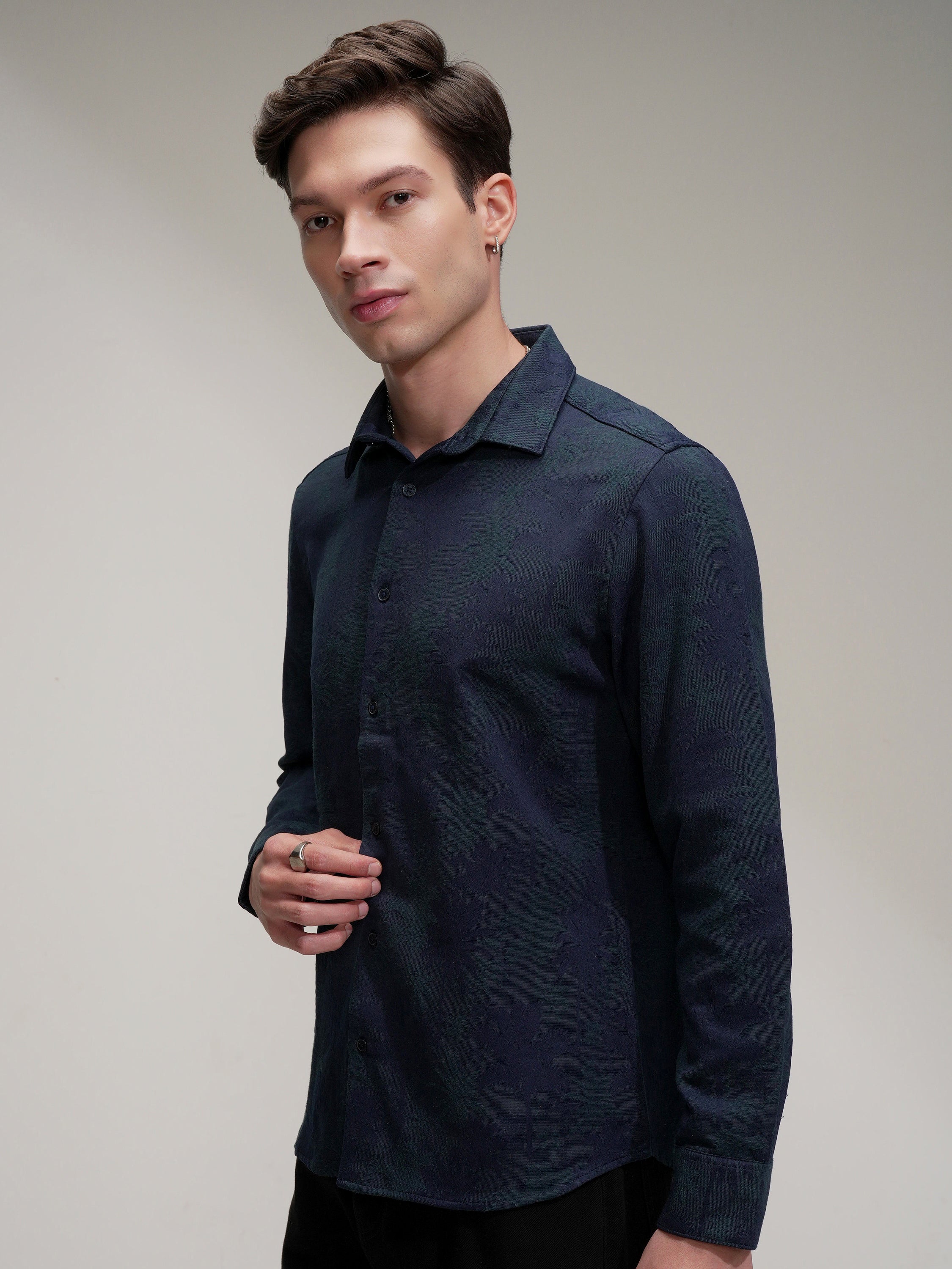 Highlander Men Navy Blue Self Design Slim Fit Casual Shirt - Navy Blue - Image 4