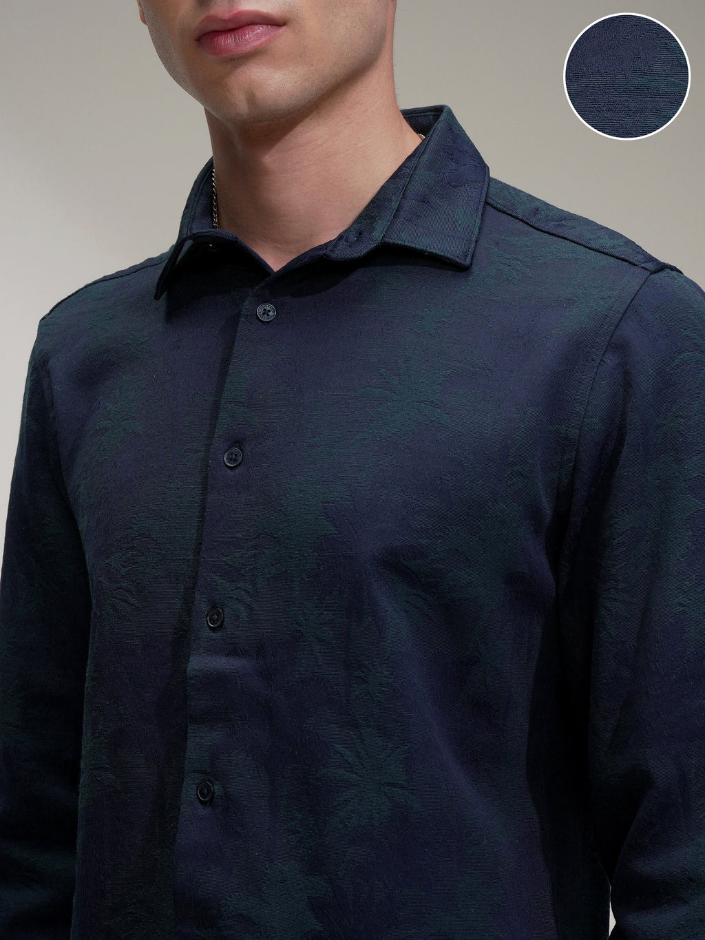 Highlander Men Navy Blue Self Design Slim Fit Casual Shirt - Navy Blue - Image 5