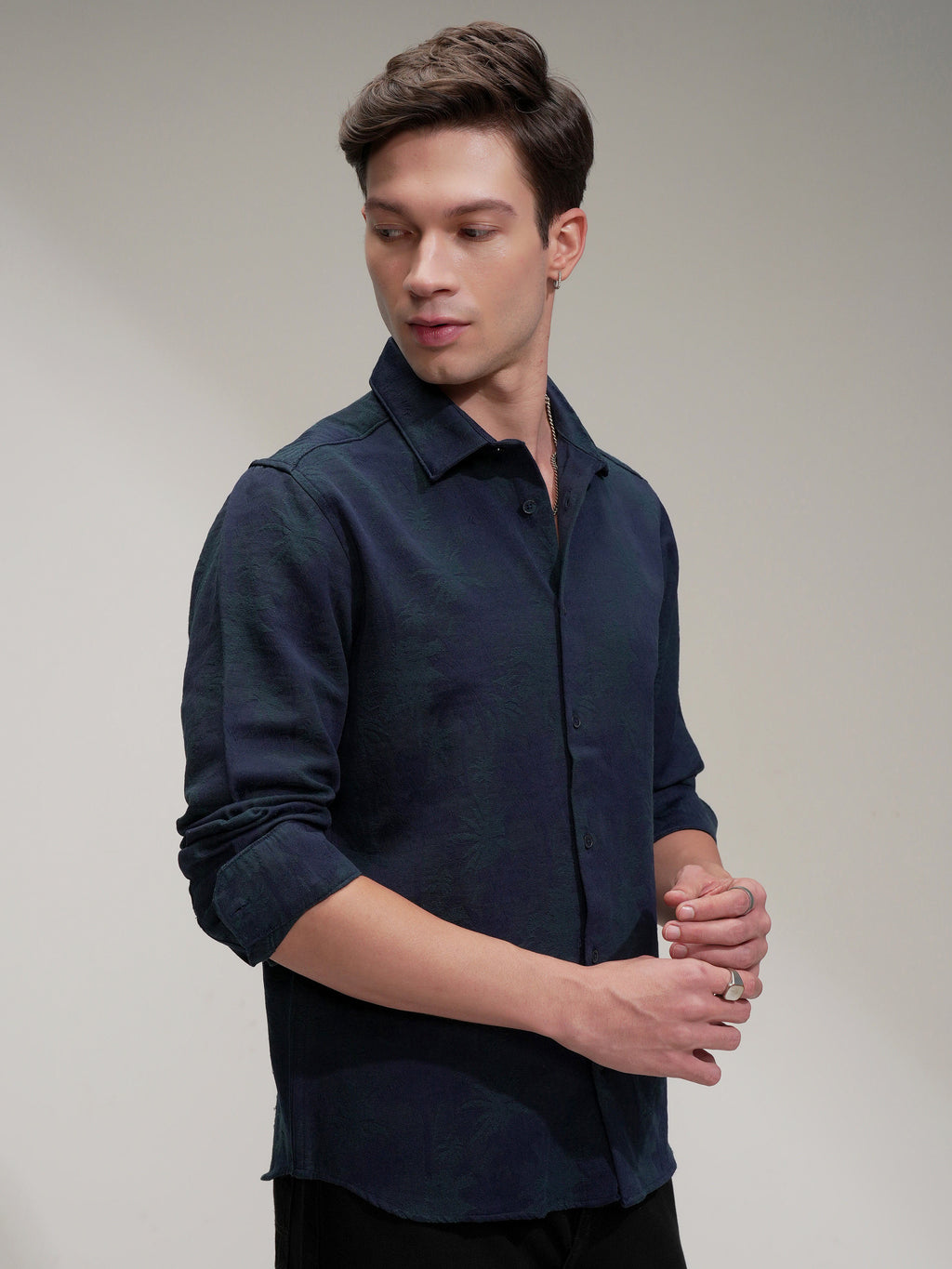 Highlander Men Navy Blue Self Design Slim Fit Casual Shirt - Navy Blue - Image 6