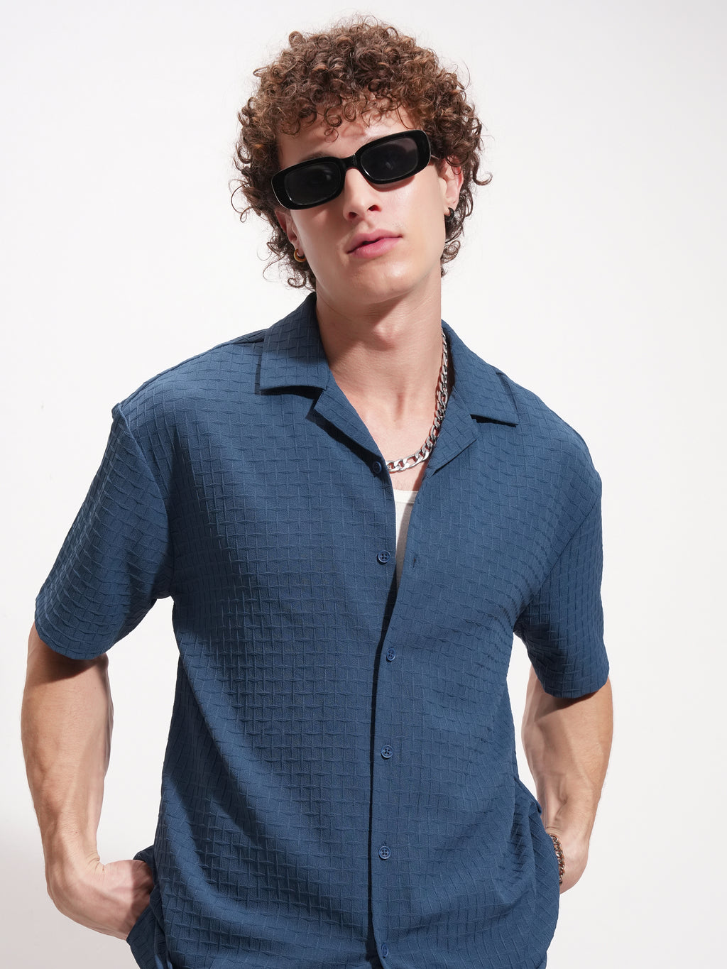 Highlander Men Navy Blue Self Design Relaxed Fit Casual Shirt - Navy Blue - Image 1