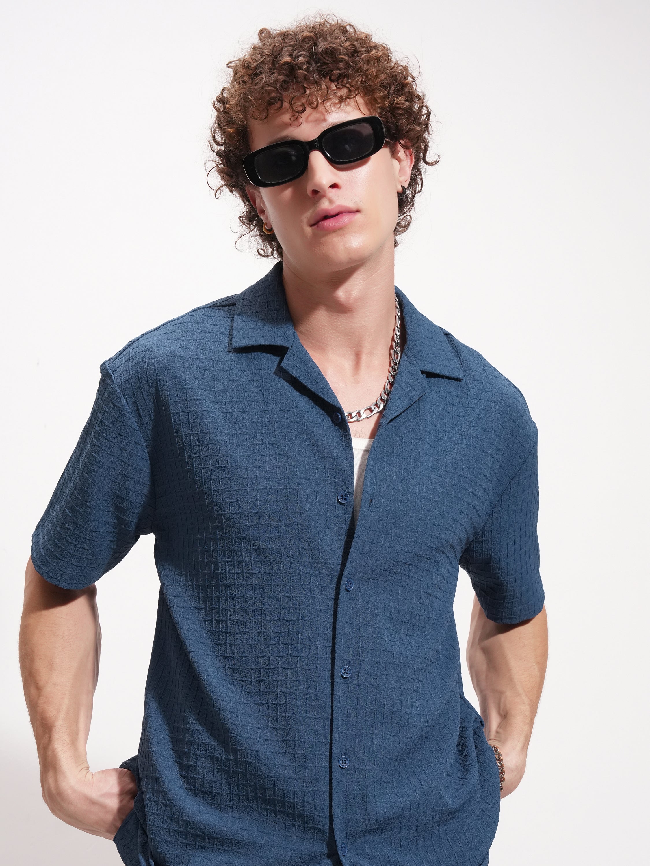 Highlander Men Navy Blue Self Design Relaxed Fit Casual Shirt - Navy Blue - Image 1