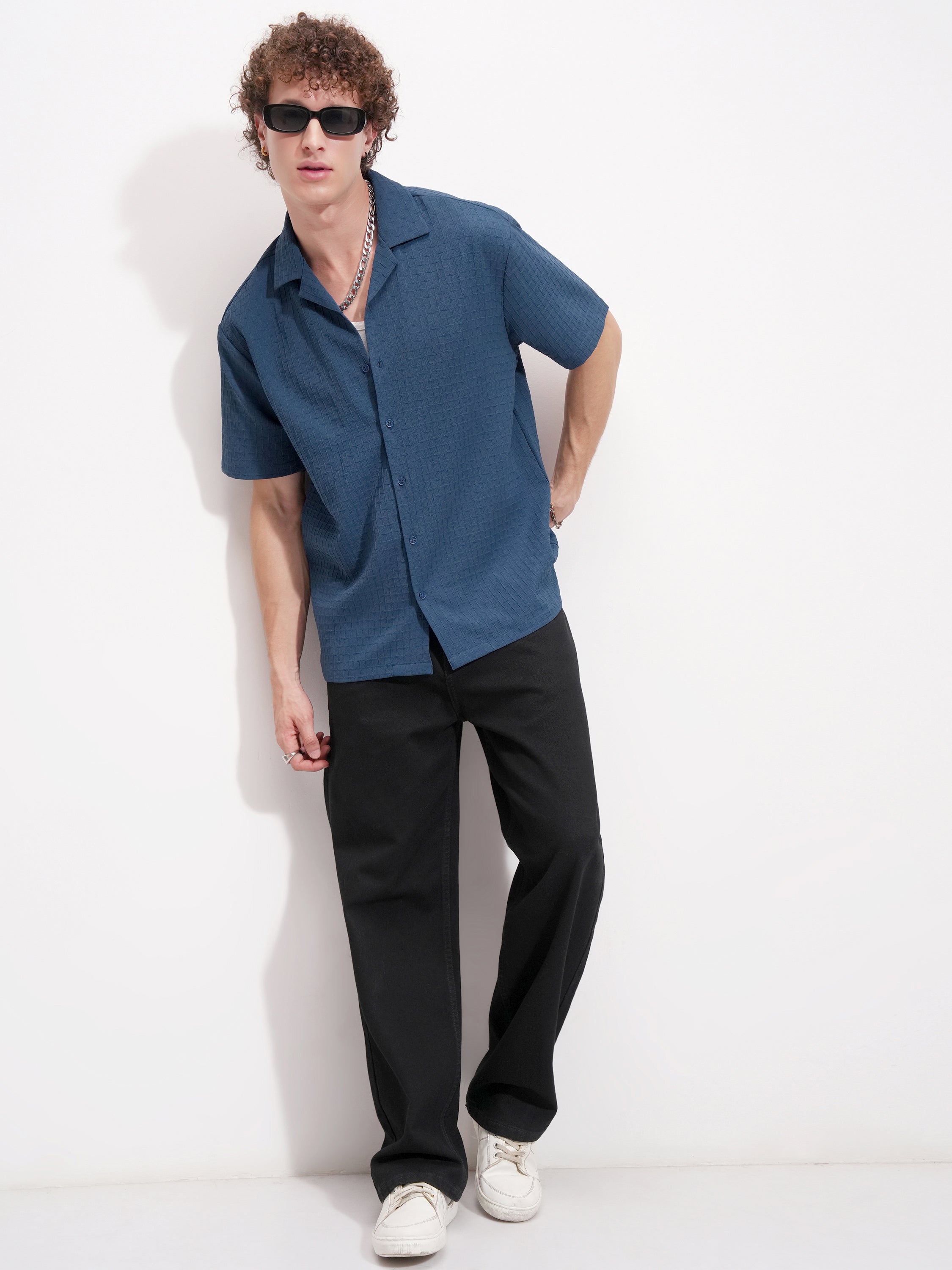 Highlander Men Navy Blue Self Design Relaxed Fit Casual Shirt - Navy Blue - Image 2