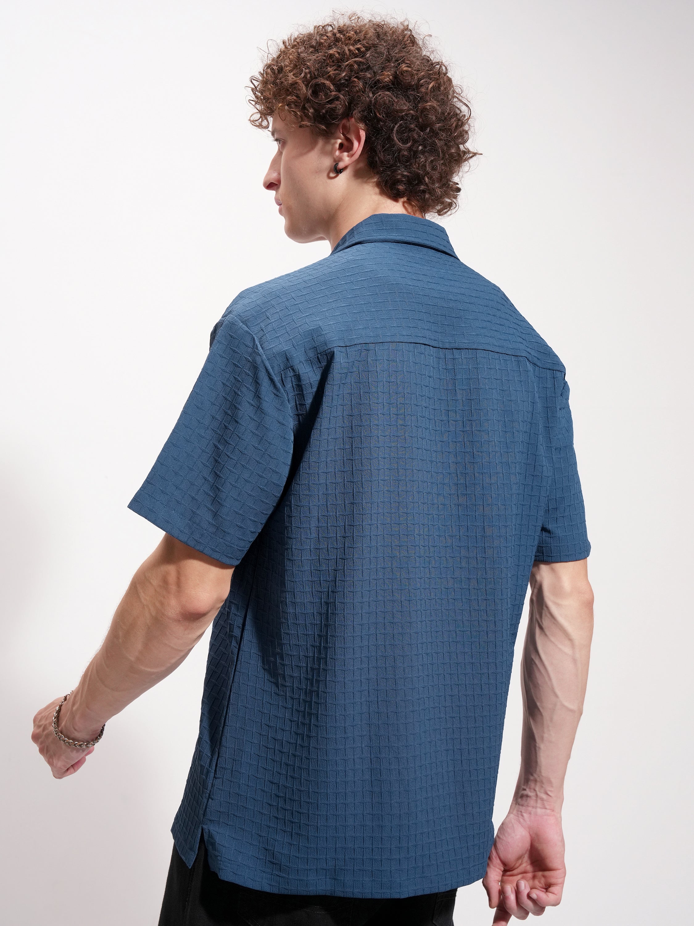 Highlander Men Navy Blue Self Design Relaxed Fit Casual Shirt - Navy Blue - Image 3