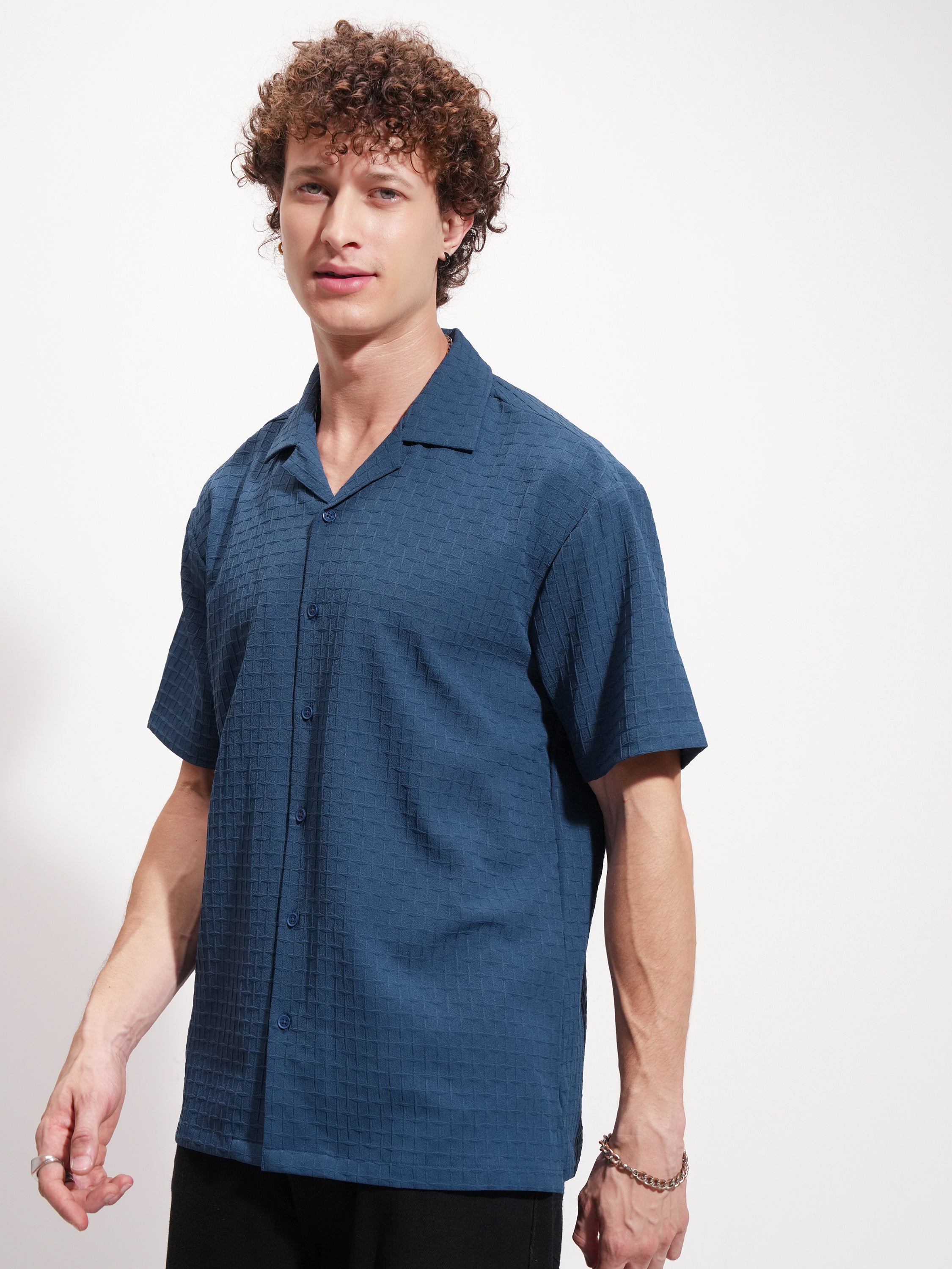 Highlander Men Navy Blue Self Design Relaxed Fit Casual Shirt - Navy Blue - Image 4