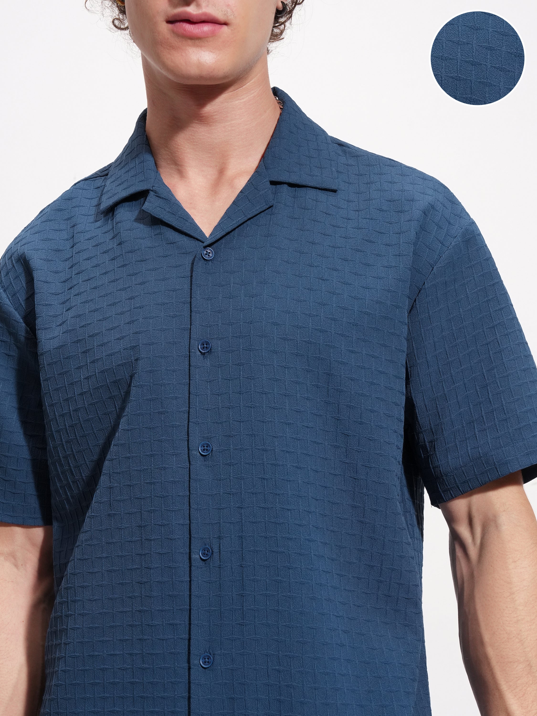 Highlander Men Navy Blue Self Design Relaxed Fit Casual Shirt - Navy Blue - Image 5