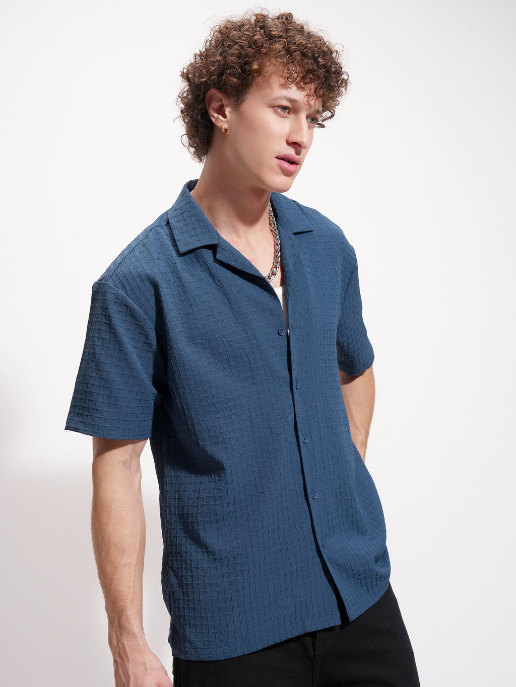 Highlander Men Navy Blue Self Design Relaxed Fit Casual Shirt - Navy Blue - Image 6