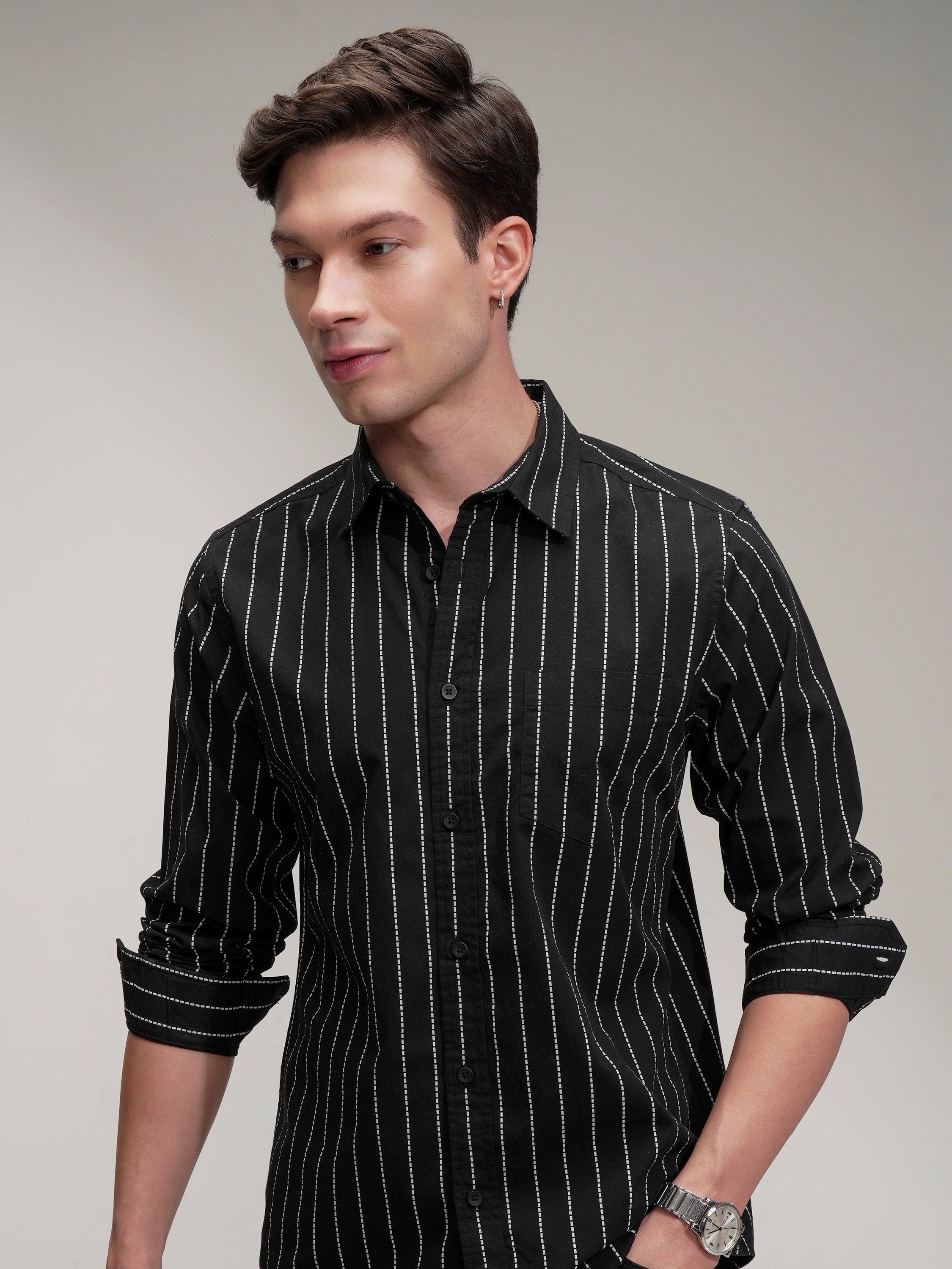 Highlander Men Black Striped Slim Fit Casual Shirt - Black - Image 1