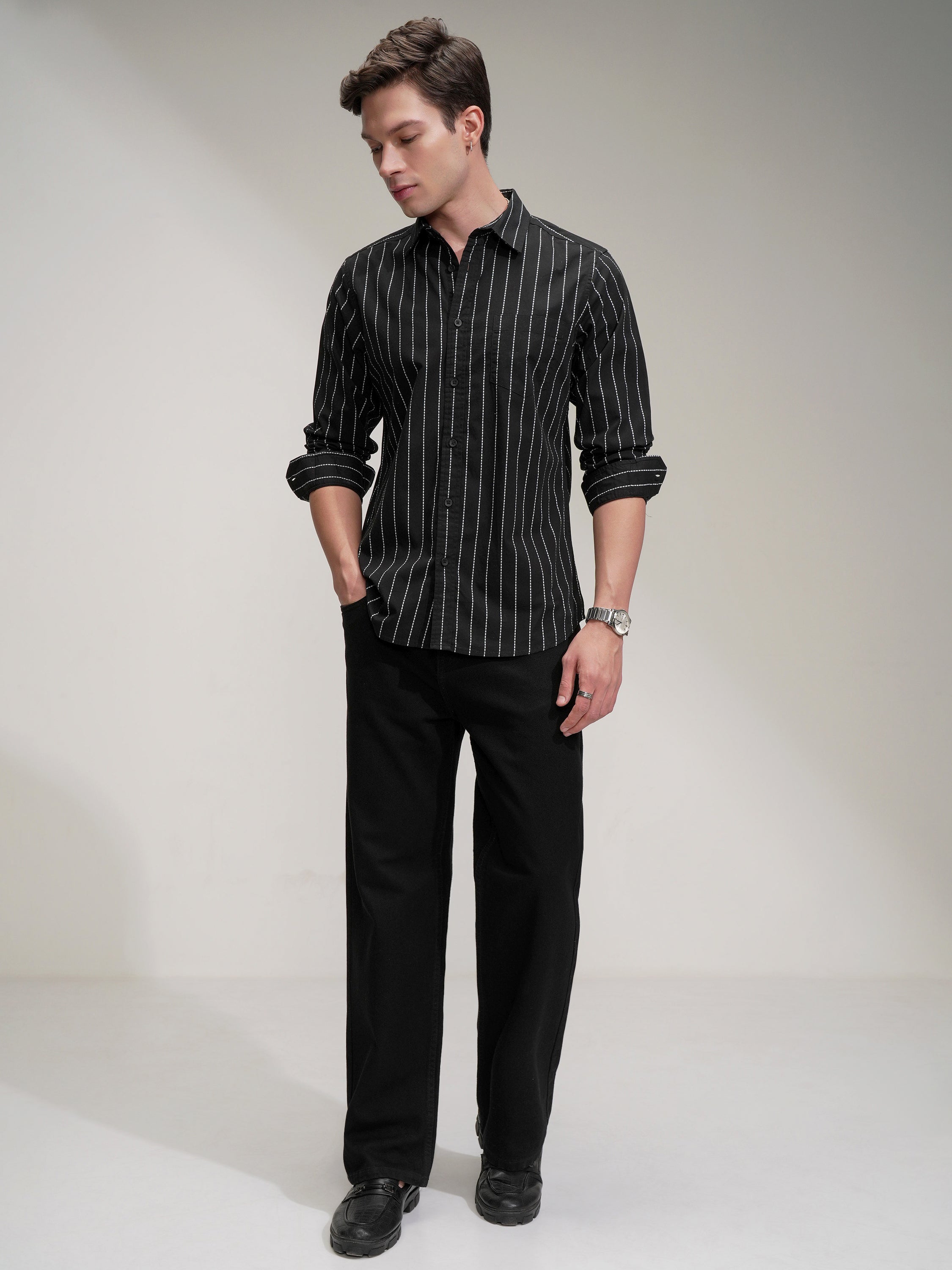 Highlander Men Black Striped Slim Fit Casual Shirt - Black - Image 2
