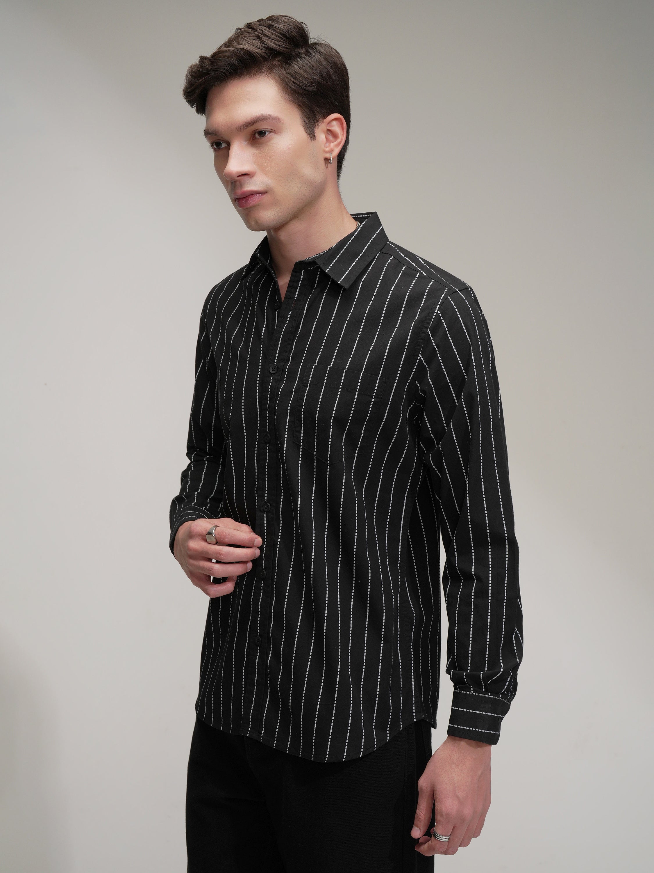 Highlander Men Black Striped Slim Fit Casual Shirt - Black - Image 4