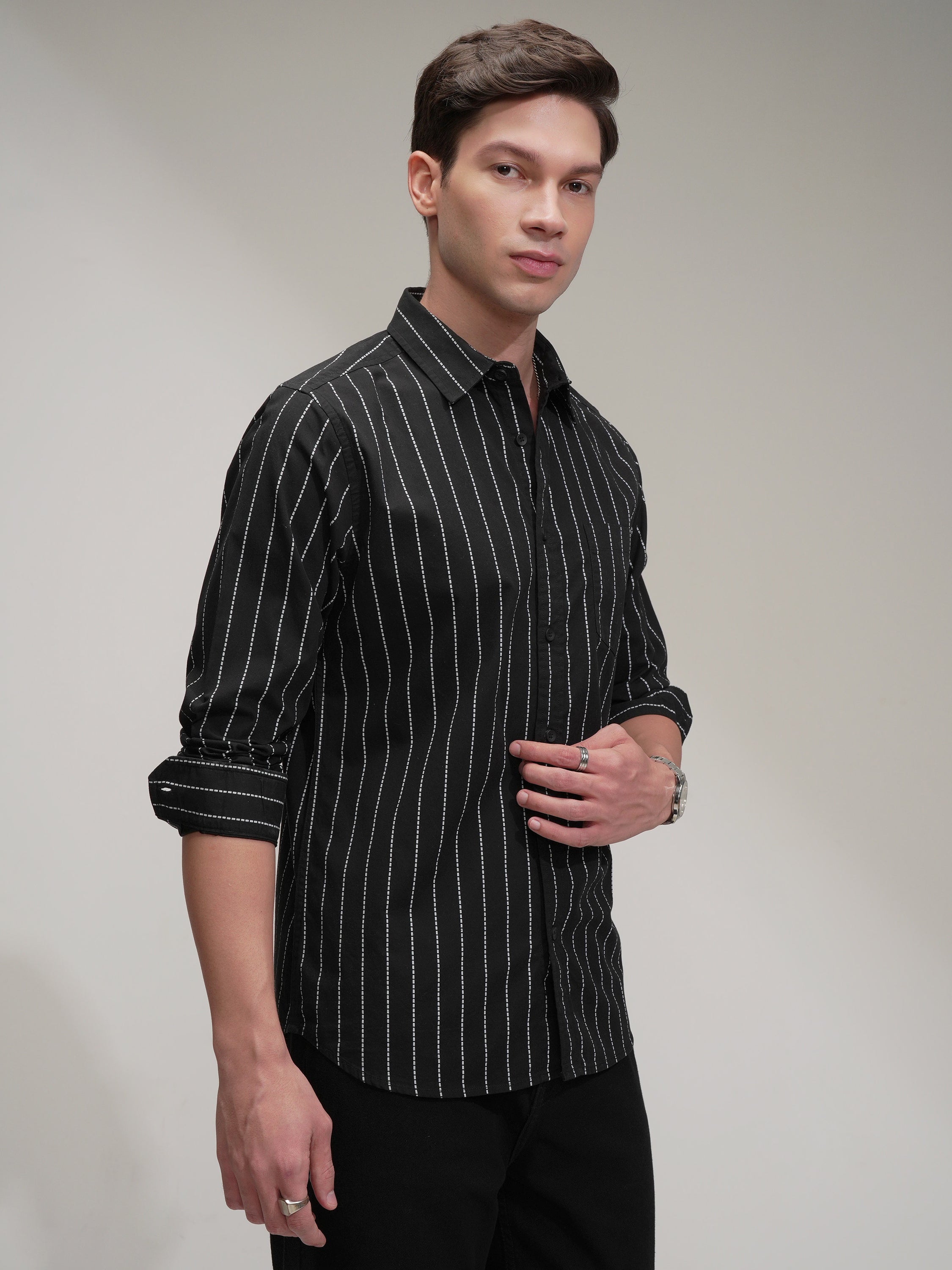 Highlander Men Black Striped Slim Fit Casual Shirt - Black - Image 6
