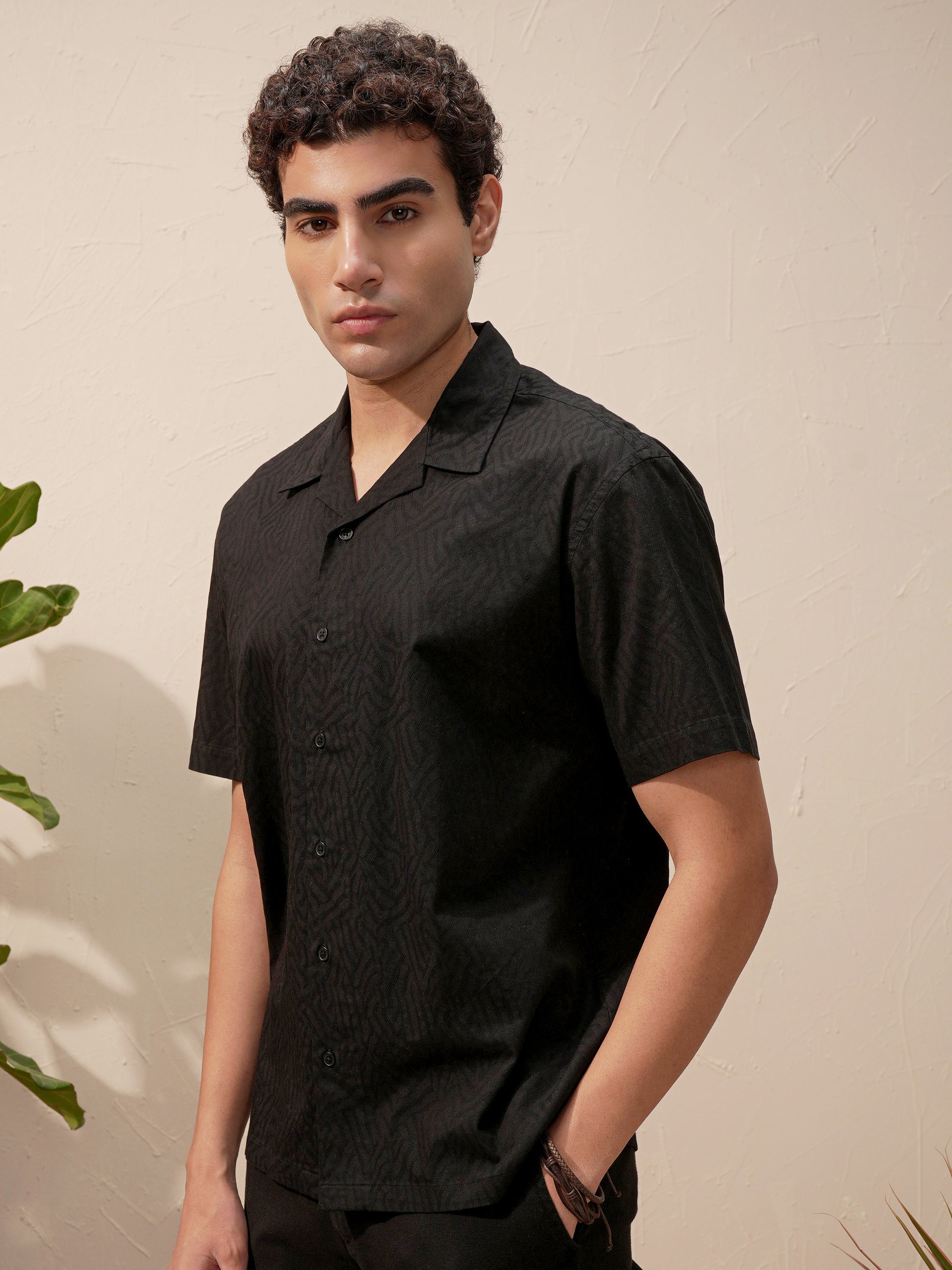 Highlander Men Black Self Design Relaxed Fit Casual Shirt - Black - Image 4
