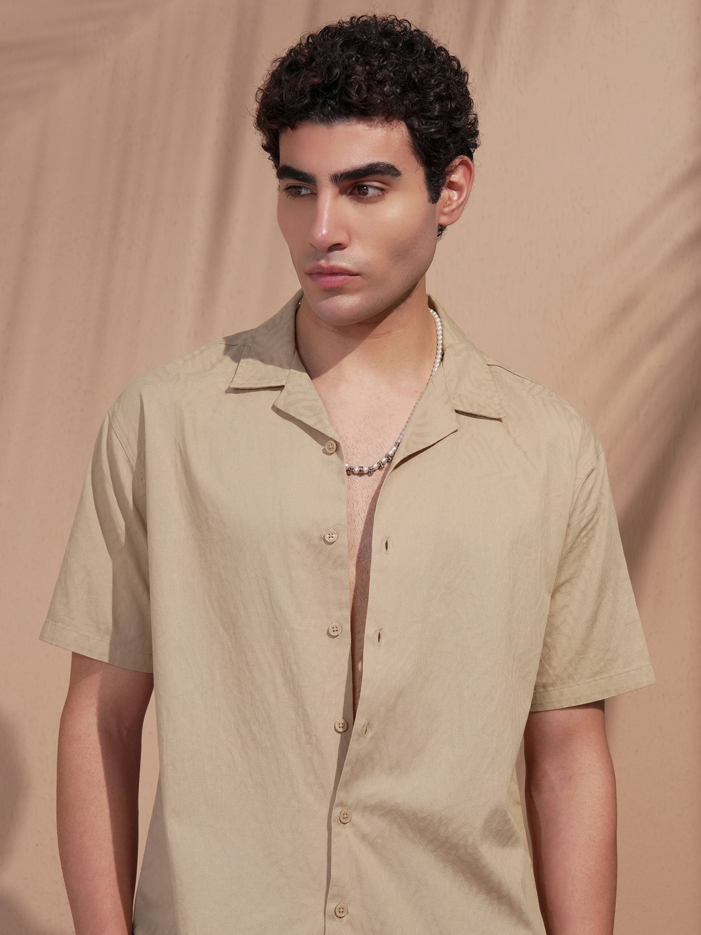 Highlander Men Beige Self Design Relaxed Fit Casual Shirt - Beige - Image 1