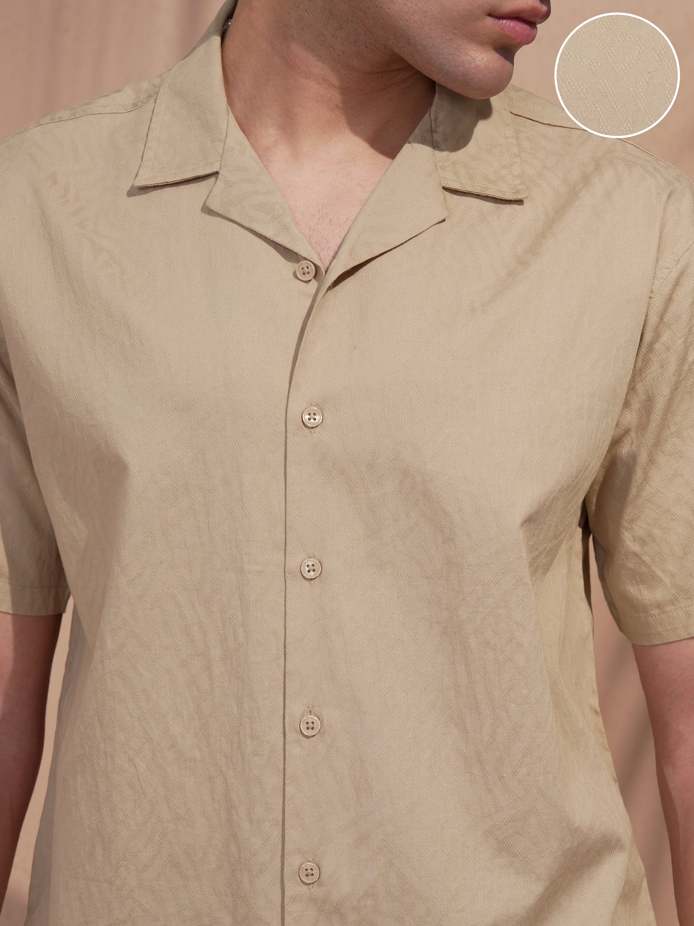 Highlander Men Beige Self Design Relaxed Fit Casual Shirt - Beige - Image 5