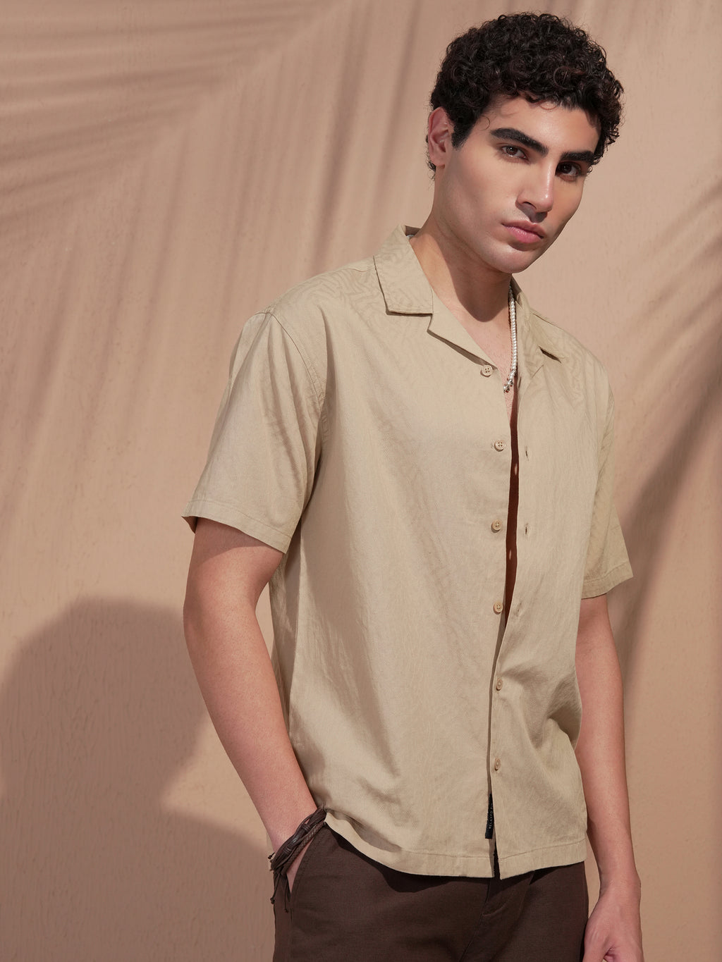 Highlander Men Beige Self Design Relaxed Fit Casual Shirt - Beige - Image 6