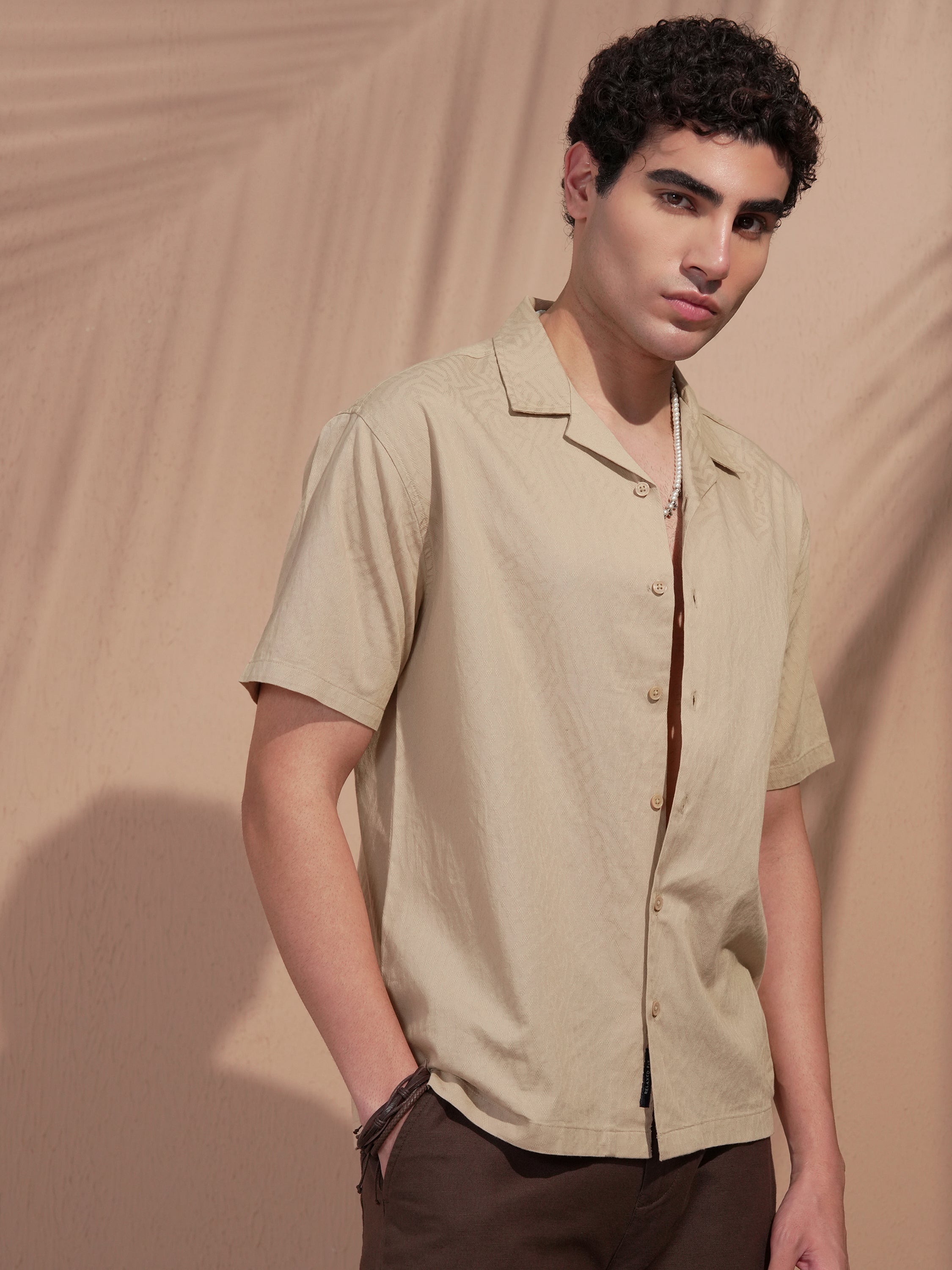 Highlander Men Beige Self Design Relaxed Fit Casual Shirt - Beige - Image 6