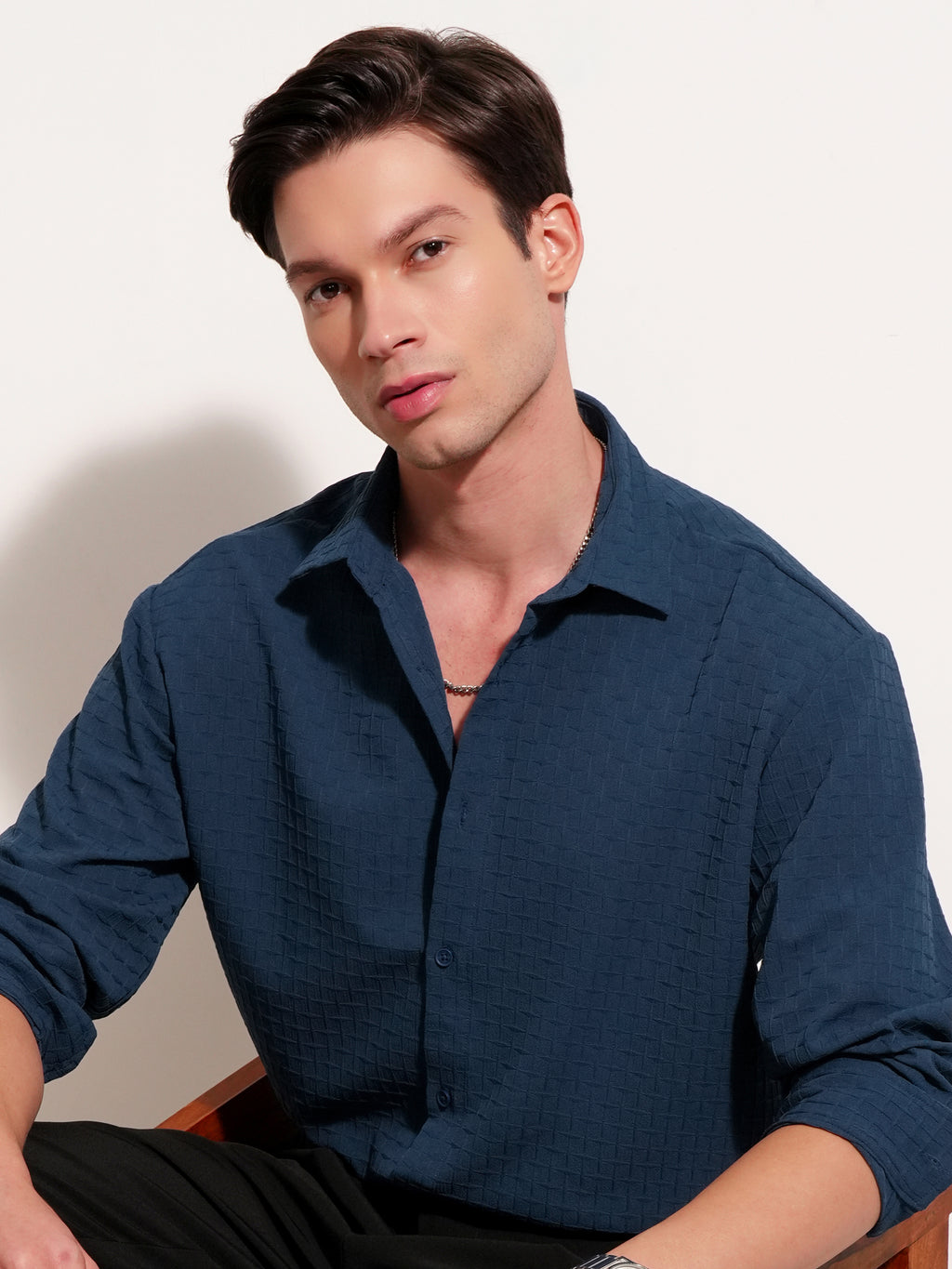 Highlander Men Navy Blue Self Design Relaxed Fit Casual Shirt - Navy Blue - Image 1