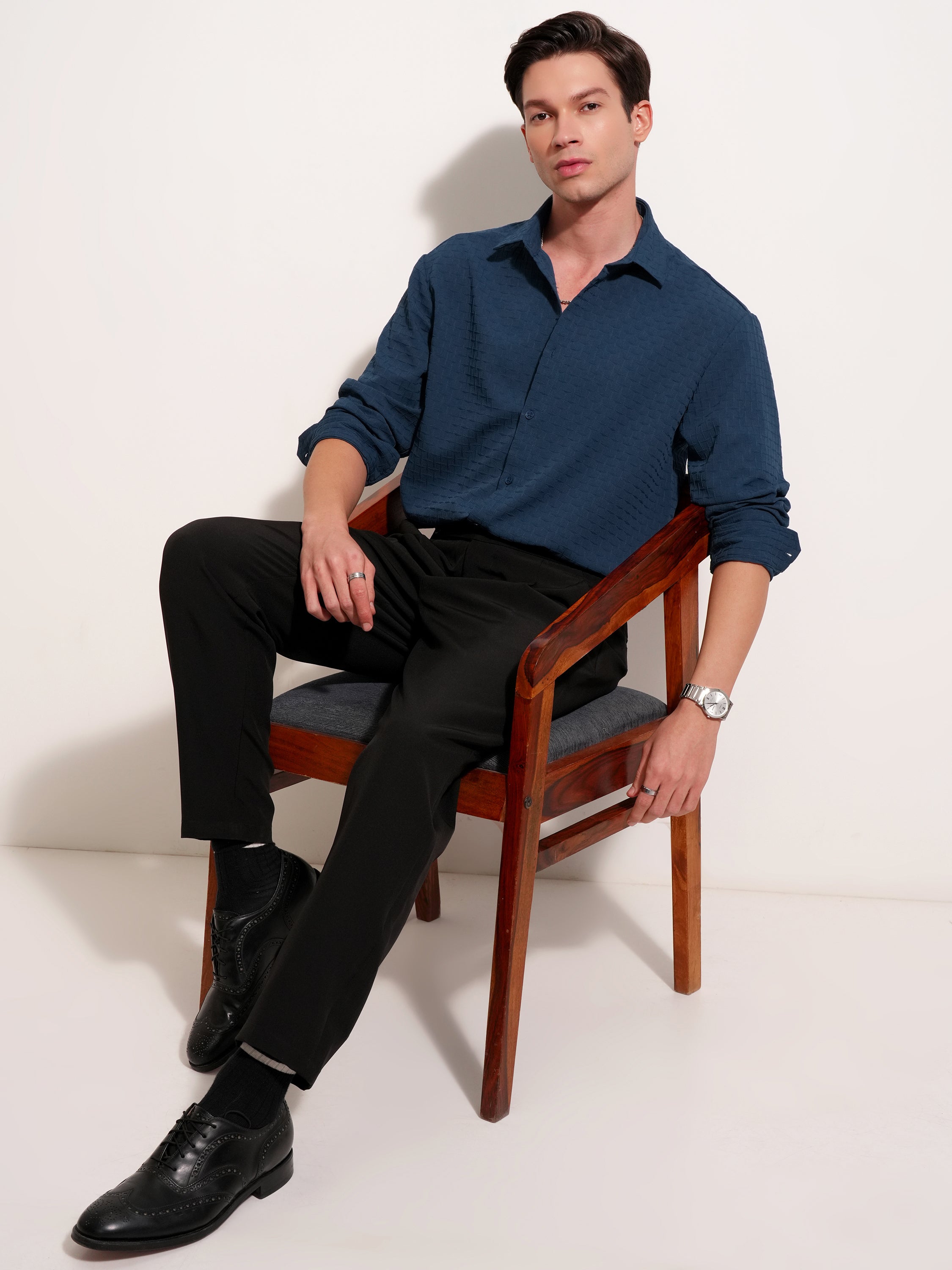 Highlander Men Navy Blue Self Design Relaxed Fit Casual Shirt - Navy Blue - Image 2