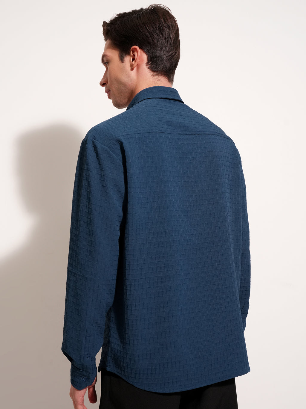 Highlander Men Navy Blue Self Design Relaxed Fit Casual Shirt - Navy Blue - Image 3