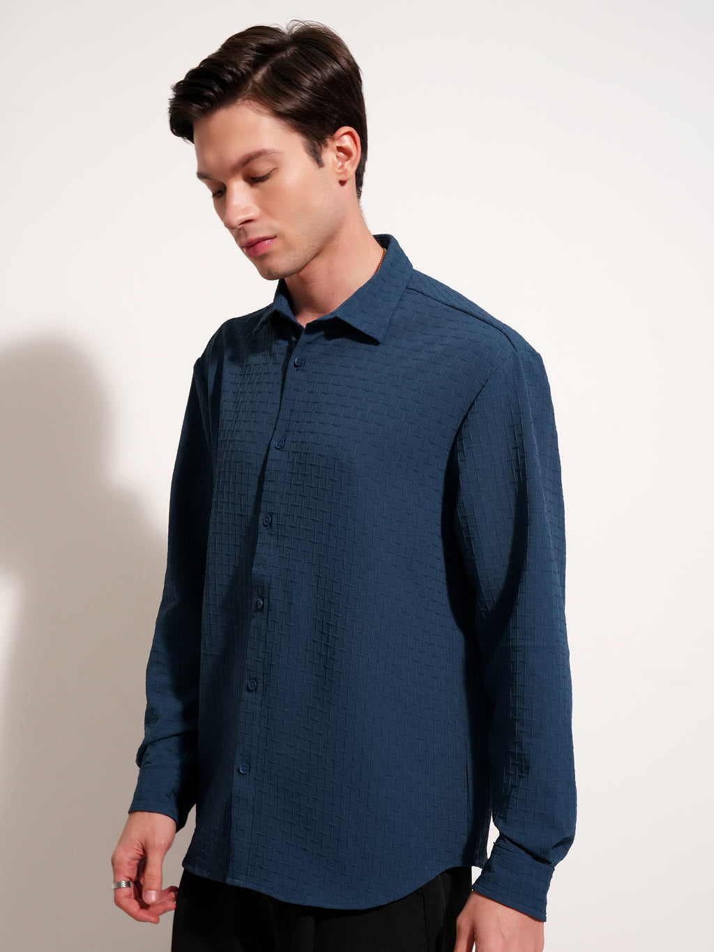 Highlander Men Navy Blue Self Design Relaxed Fit Casual Shirt - Navy Blue - Image 4