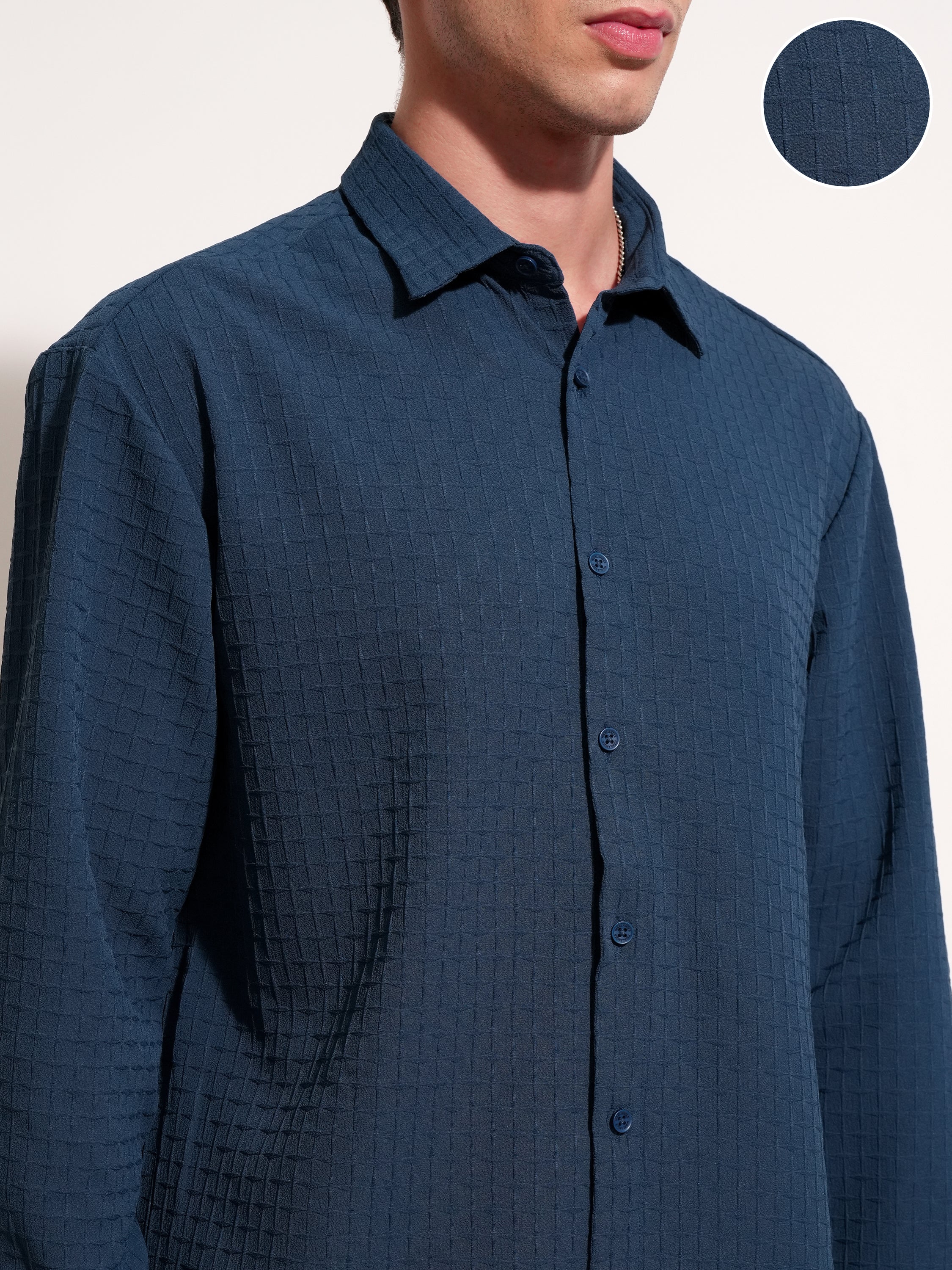 Highlander Men Navy Blue Self Design Relaxed Fit Casual Shirt - Navy Blue - Image 5