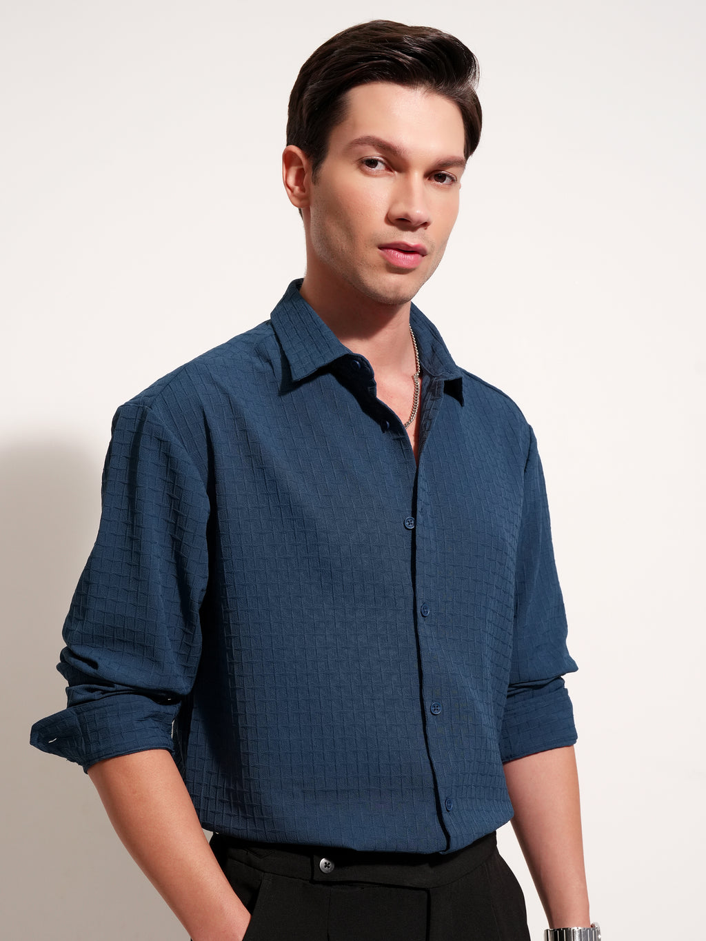 Highlander Men Navy Blue Self Design Relaxed Fit Casual Shirt - Navy Blue - Image 6