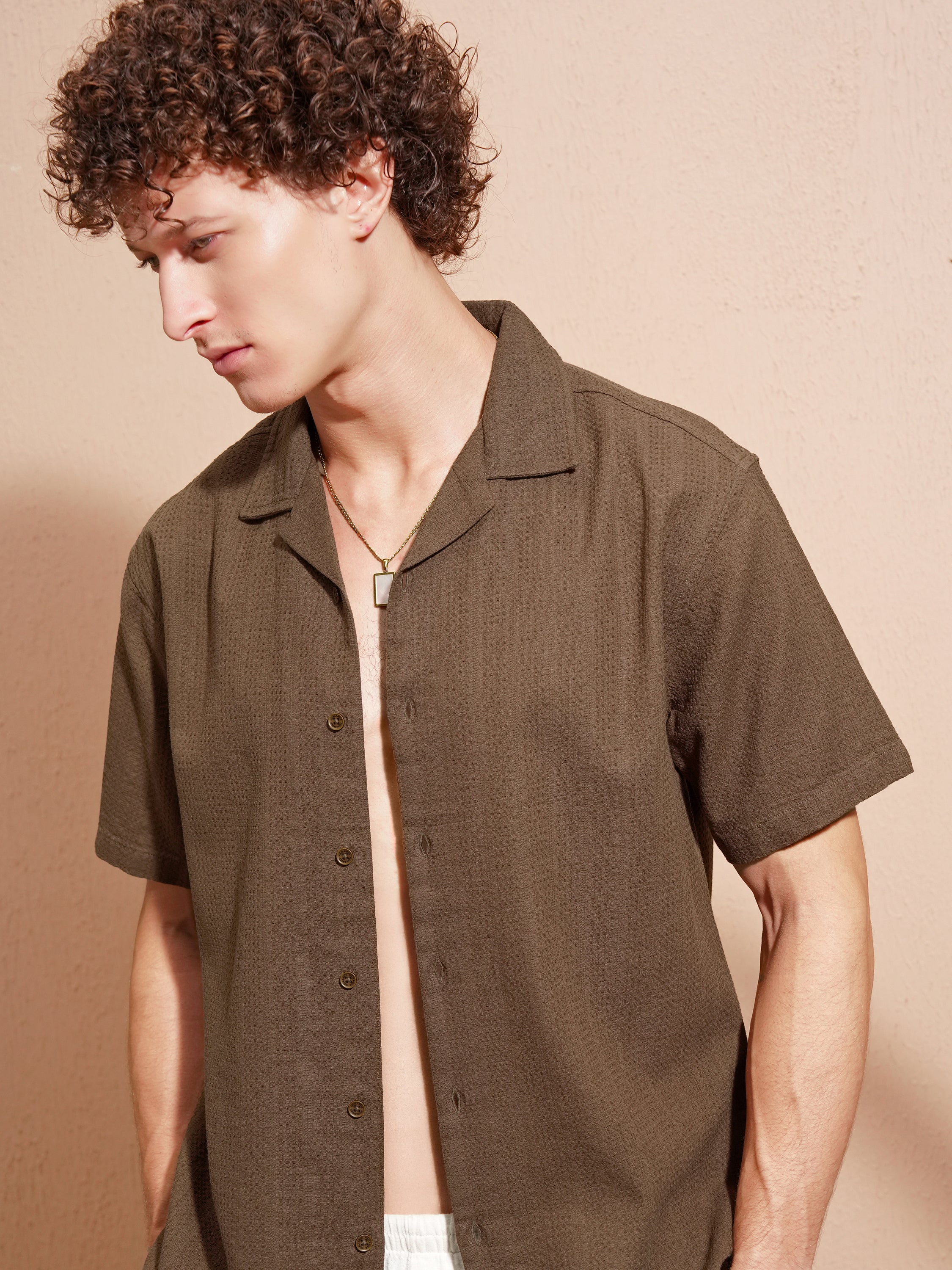 Highlander Men Khaki Self Design Relaxed Fit Casual Shirt - Khaki - Image 1