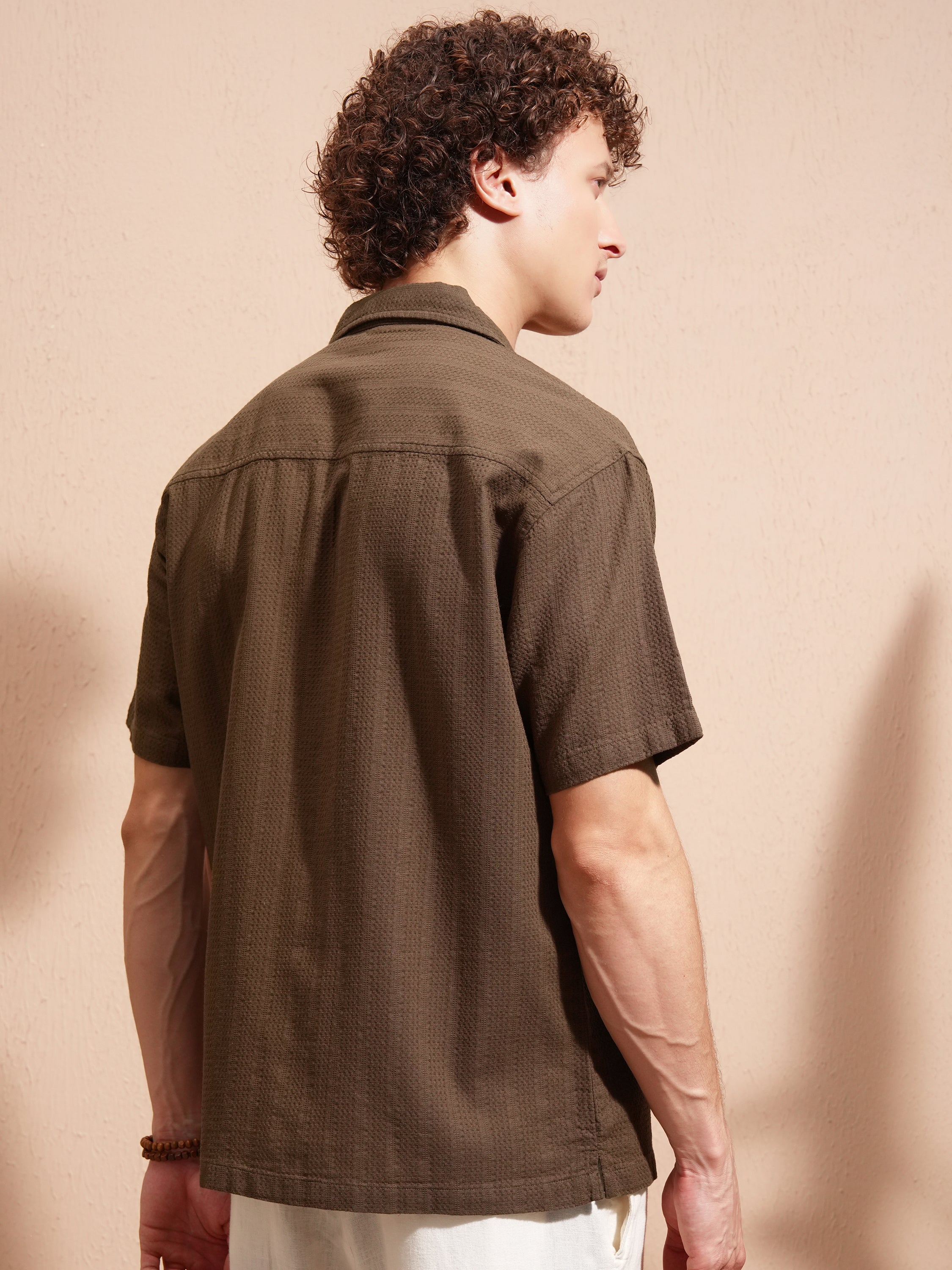 Highlander Men Khaki Self Design Relaxed Fit Casual Shirt - Khaki - Image 3