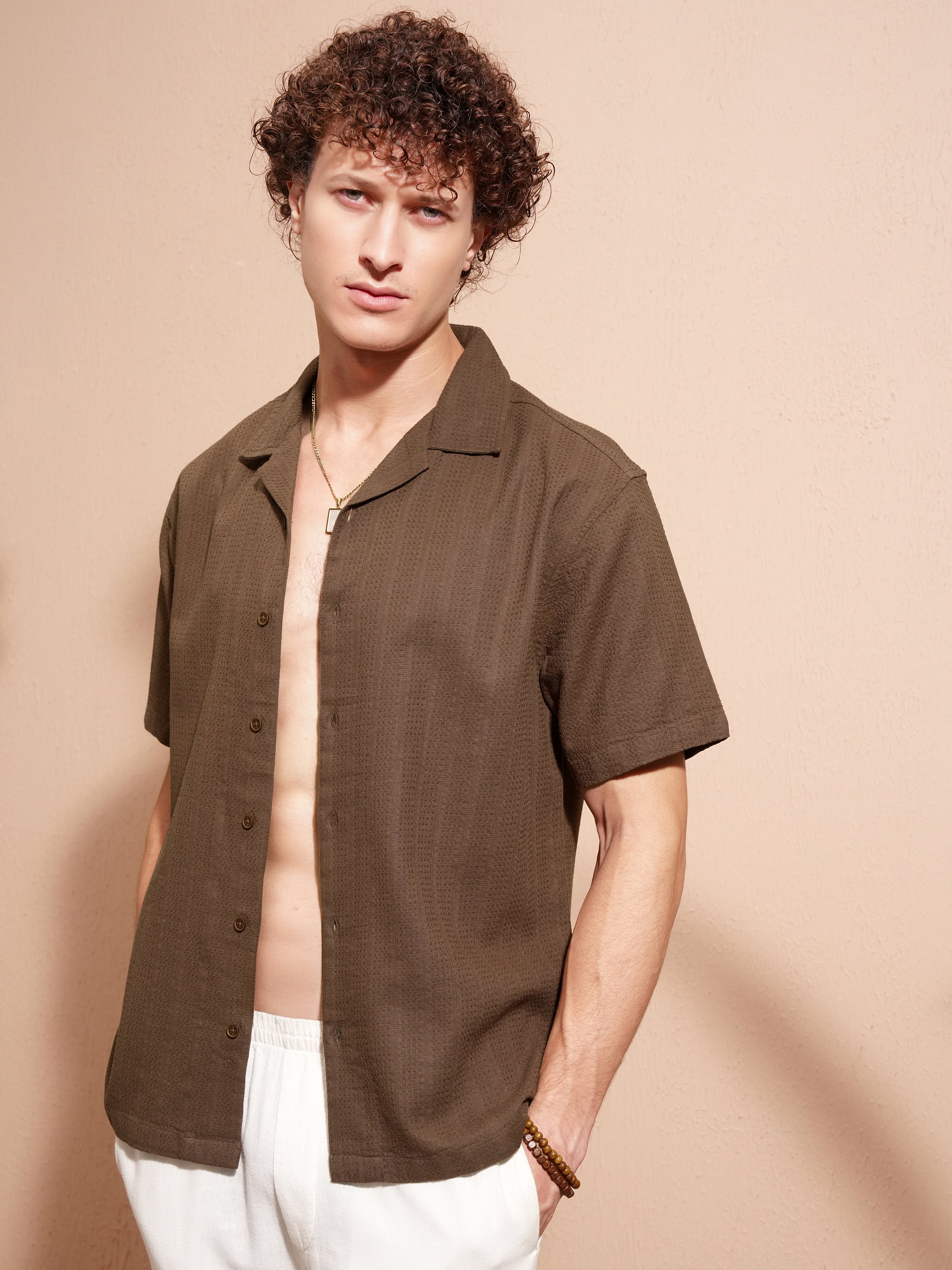 Highlander Men Khaki Self Design Relaxed Fit Casual Shirt - Khaki - Image 4