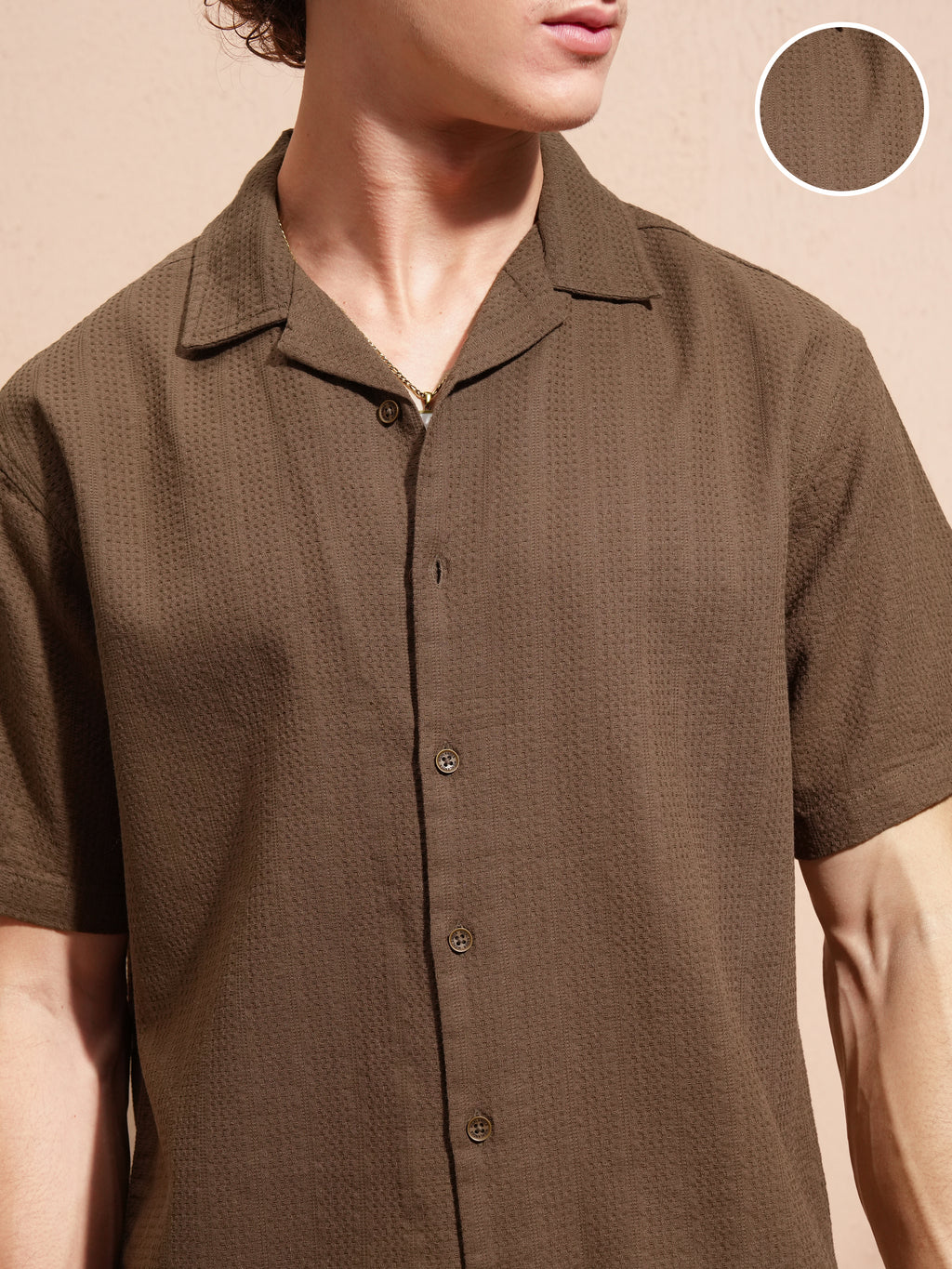 Highlander Men Khaki Self Design Relaxed Fit Casual Shirt - Khaki - Image 5