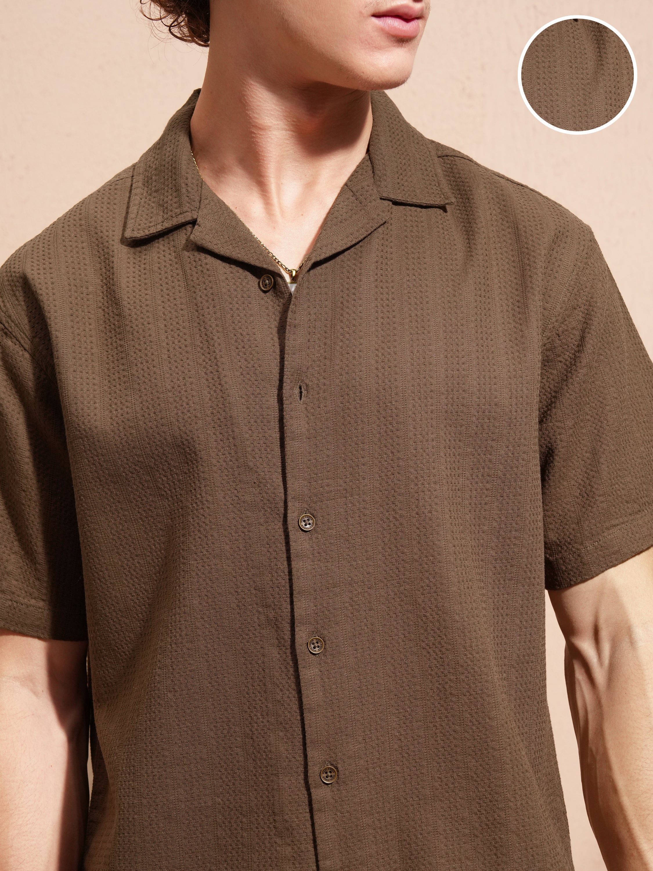 Highlander Men Khaki Self Design Relaxed Fit Casual Shirt - Khaki - Image 5