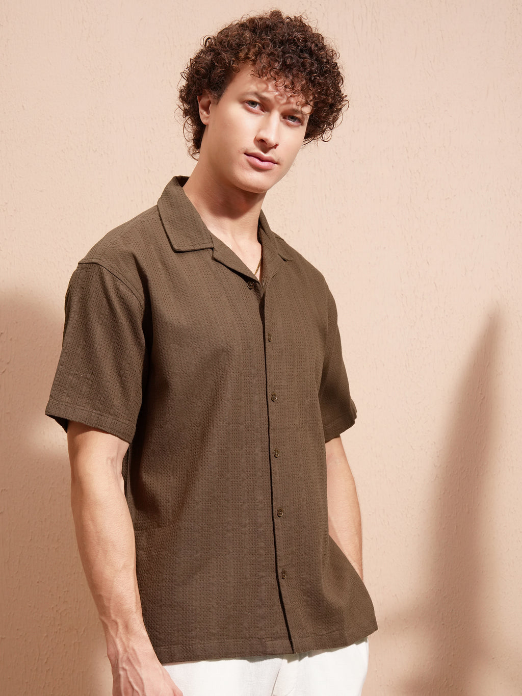 Highlander Men Khaki Self Design Relaxed Fit Casual Shirt - Khaki - Image 6