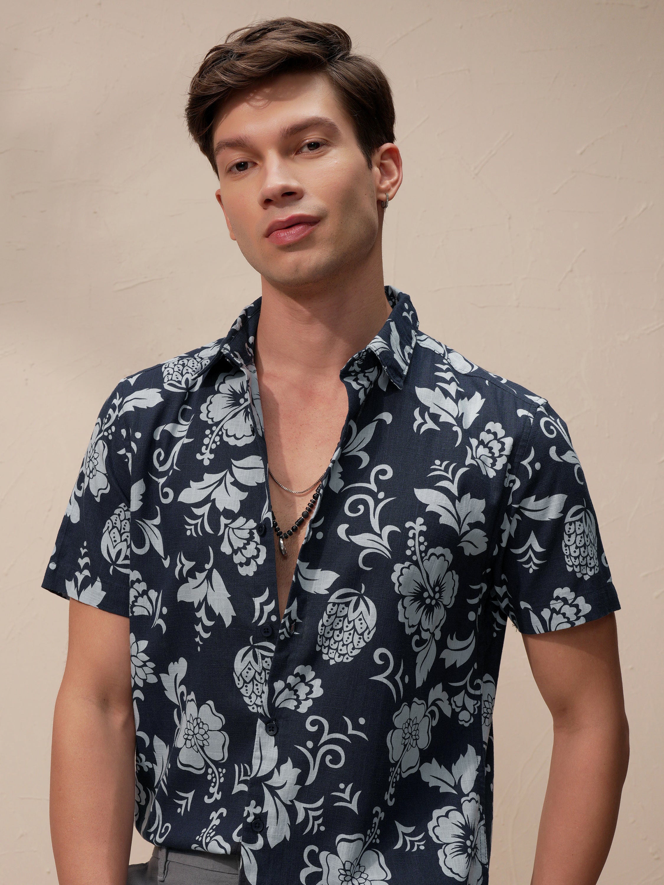 Highlander Men Navy Blue Printed Relaxed Fit Casual Shirt - Navy Blue - Image 1