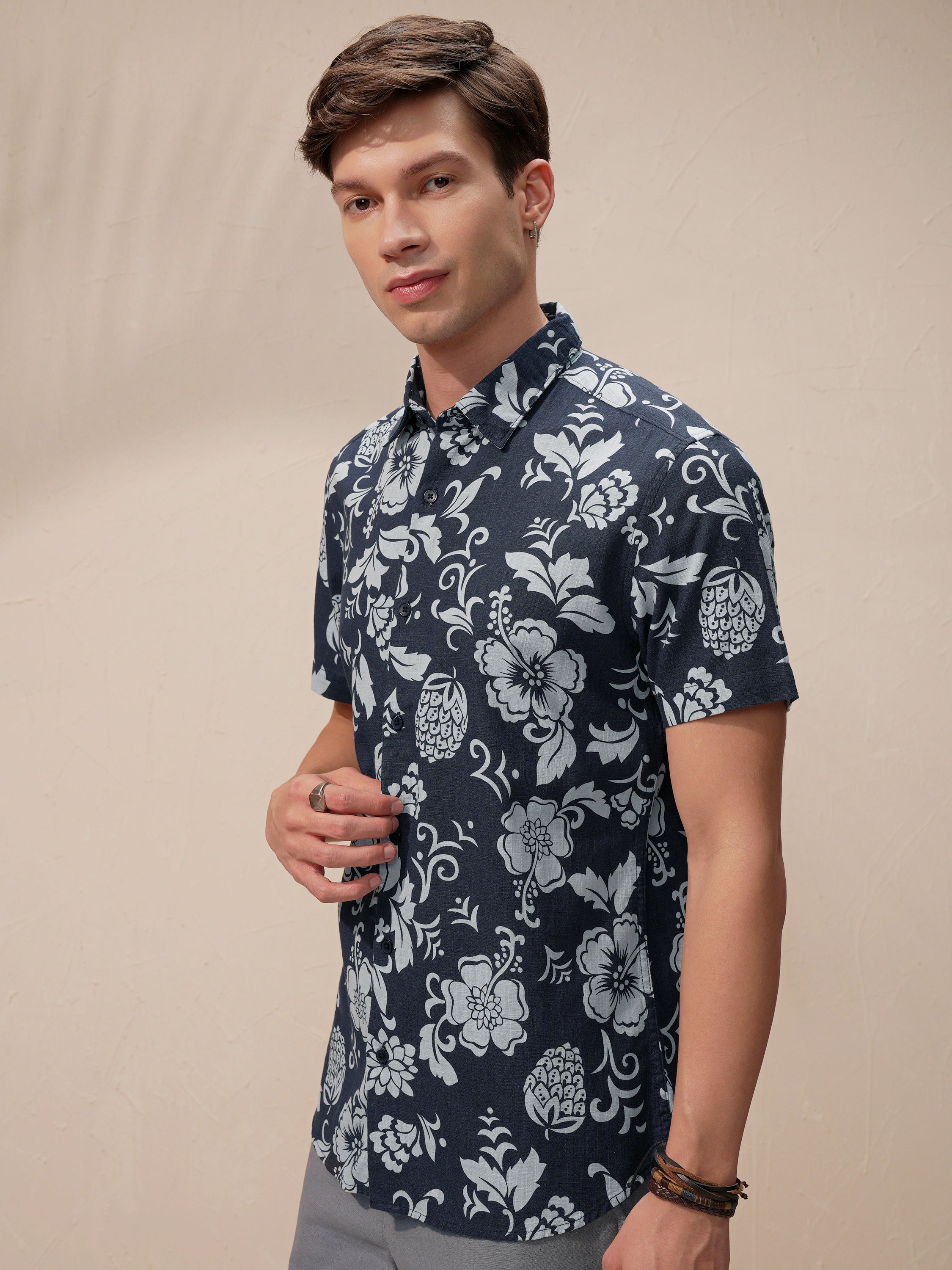 Highlander Men Navy Blue Printed Relaxed Fit Casual Shirt - Navy Blue - Image 4