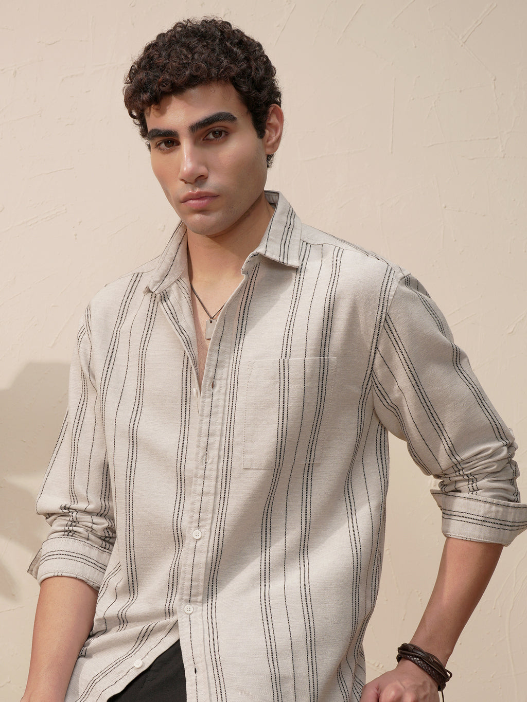 Highlander Men Tan Striped Relaxed Fit Casual Shirt - Tan - Image 1