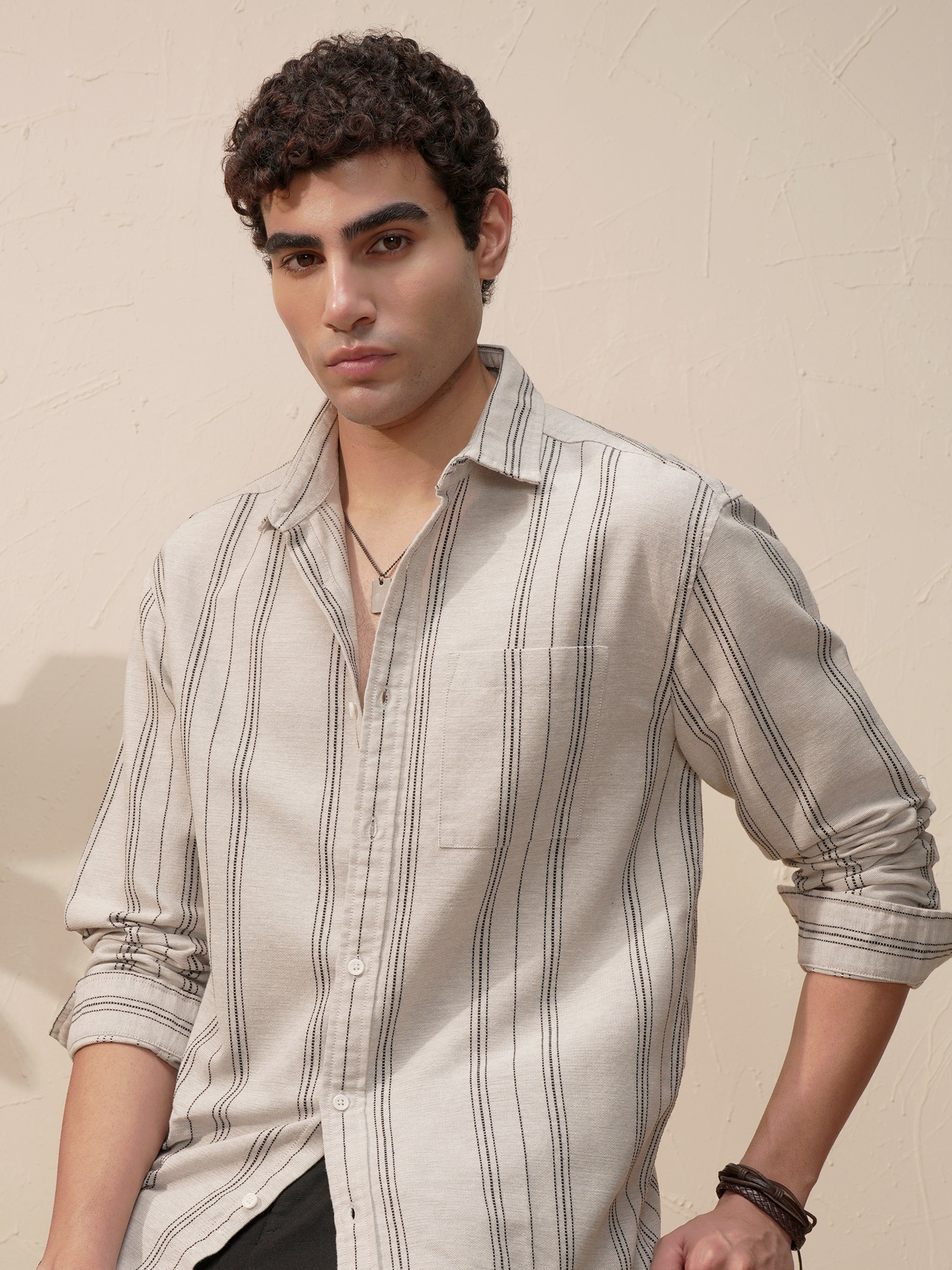 Highlander Men Tan Striped Relaxed Fit Casual Shirt - Tan - Image 1